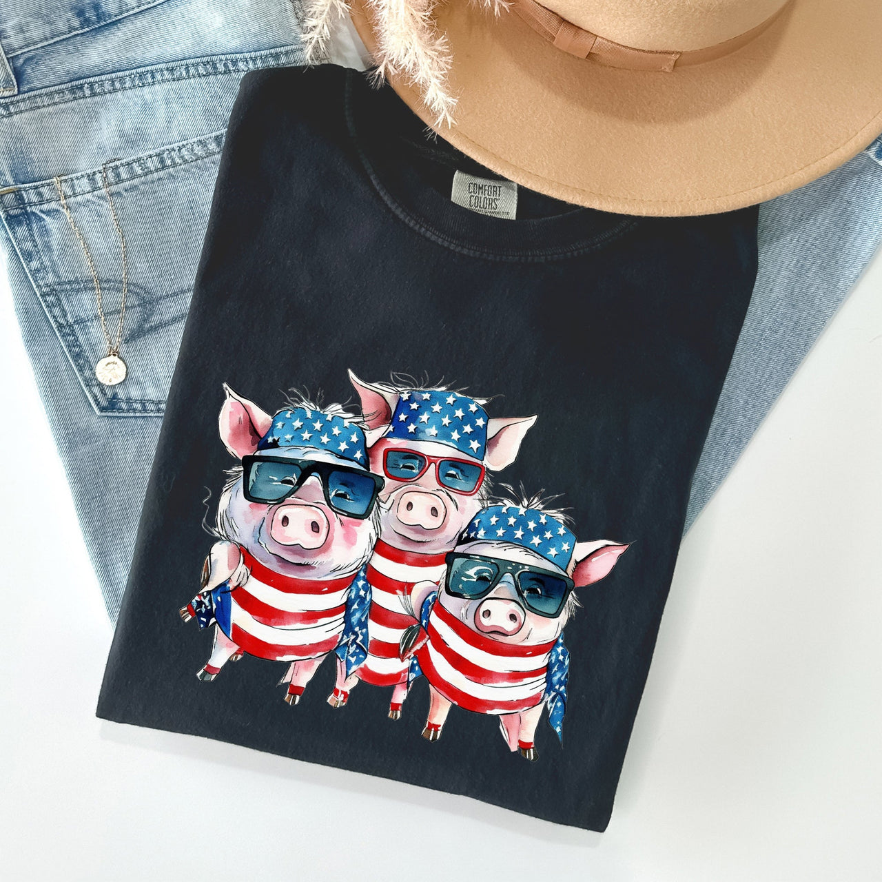 Patriotic Pigs Hippie 4th Of July Celebration With Retro Flag Colors And Classic Americana Vibe Comfort Colors Tee