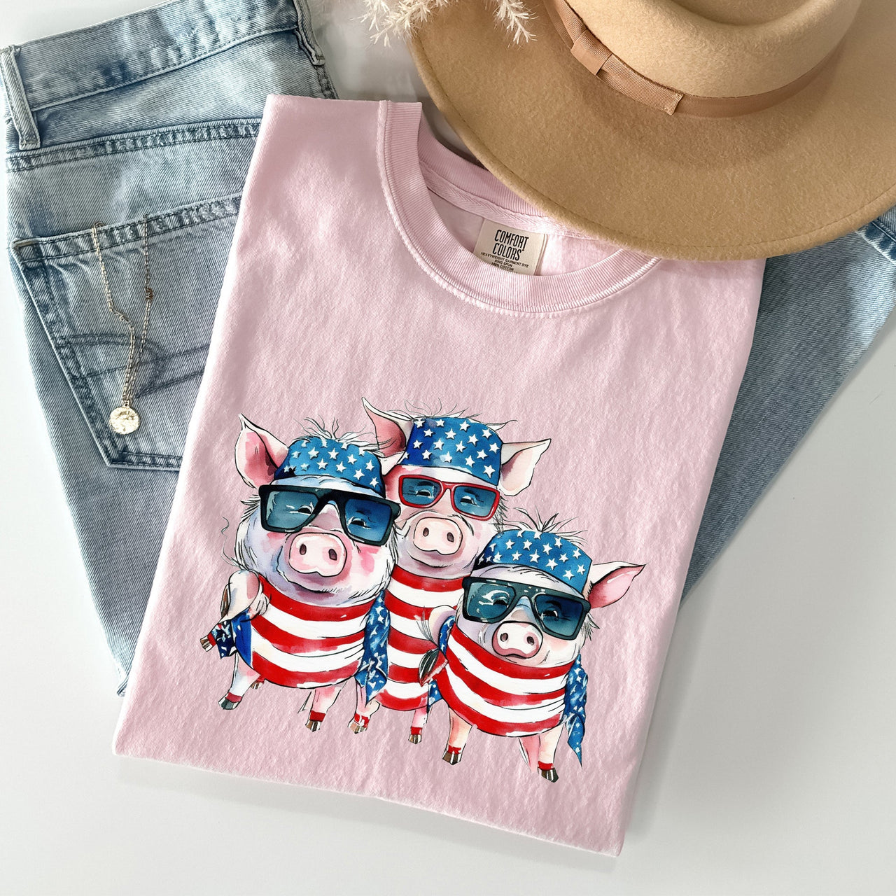 Patriotic Pigs Hippie 4th Of July Celebration With Retro Flag Colors And Classic Americana Vibe Comfort Colors Tee