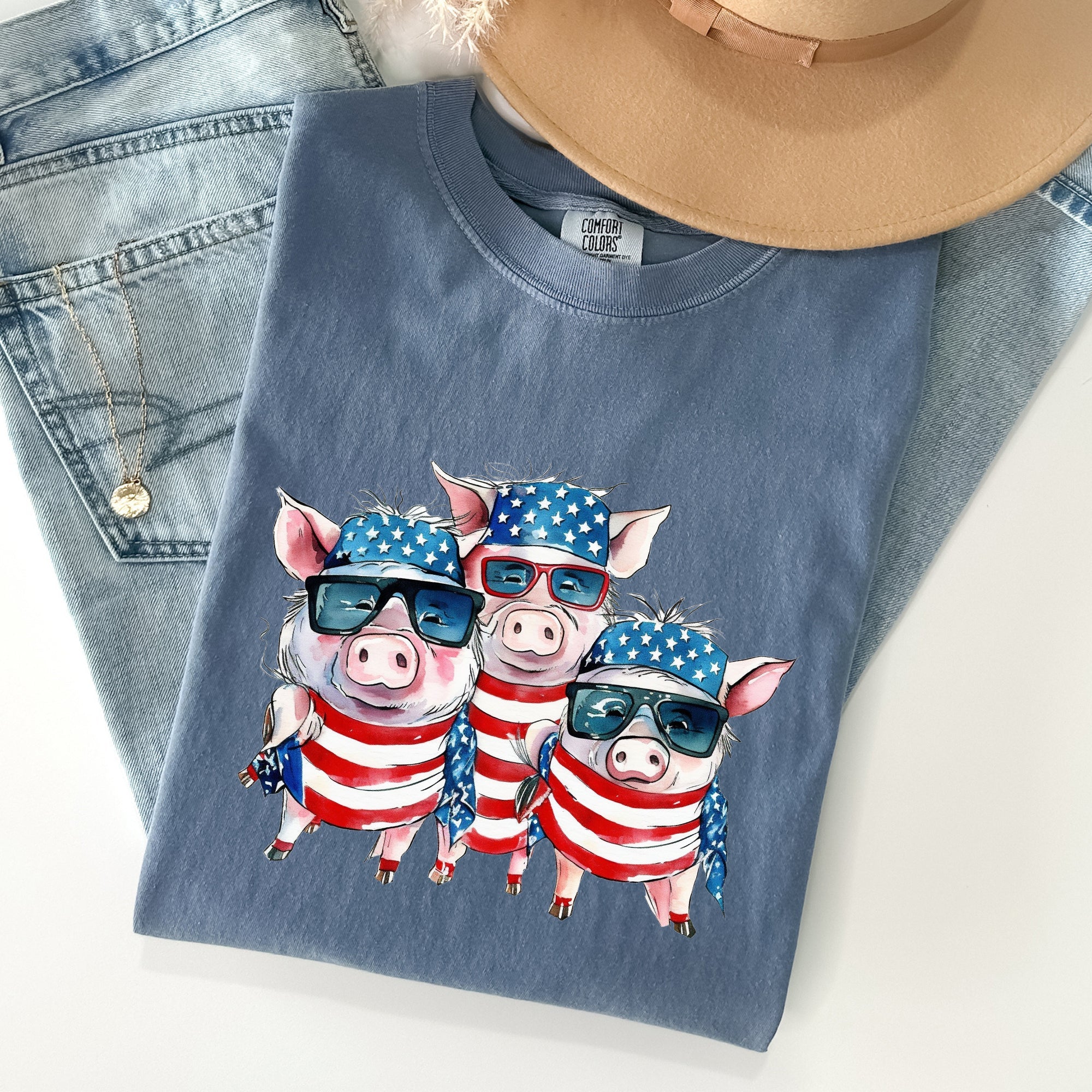 Patriotic Pigs Hippie 4th Of July Celebration With Retro Flag Colors And Classic Americana Vibe Comfort Colors Tee
