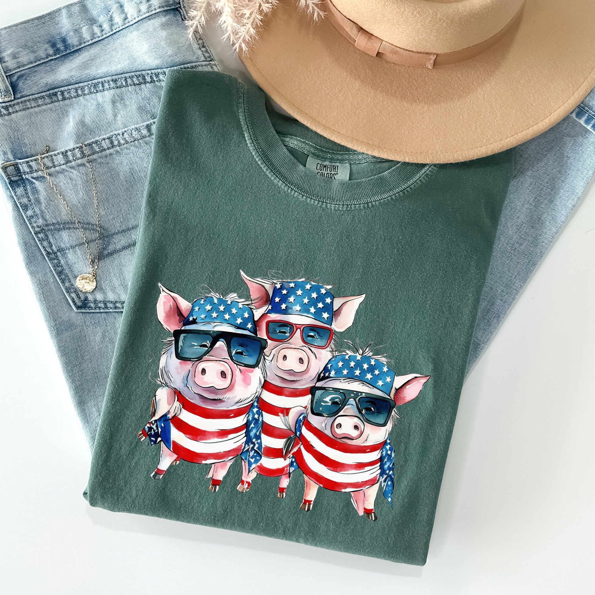 Patriotic Pigs Hippie 4th Of July Celebration With Retro Flag Colors And Classic Americana Vibe Comfort Colors Tee