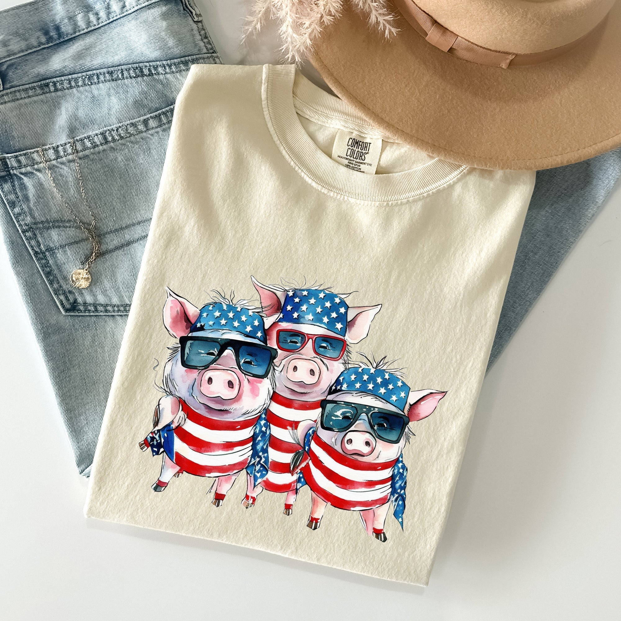 Patriotic Pigs Hippie 4th Of July Celebration With Retro Flag Colors And Classic Americana Vibe Comfort Colors Tee