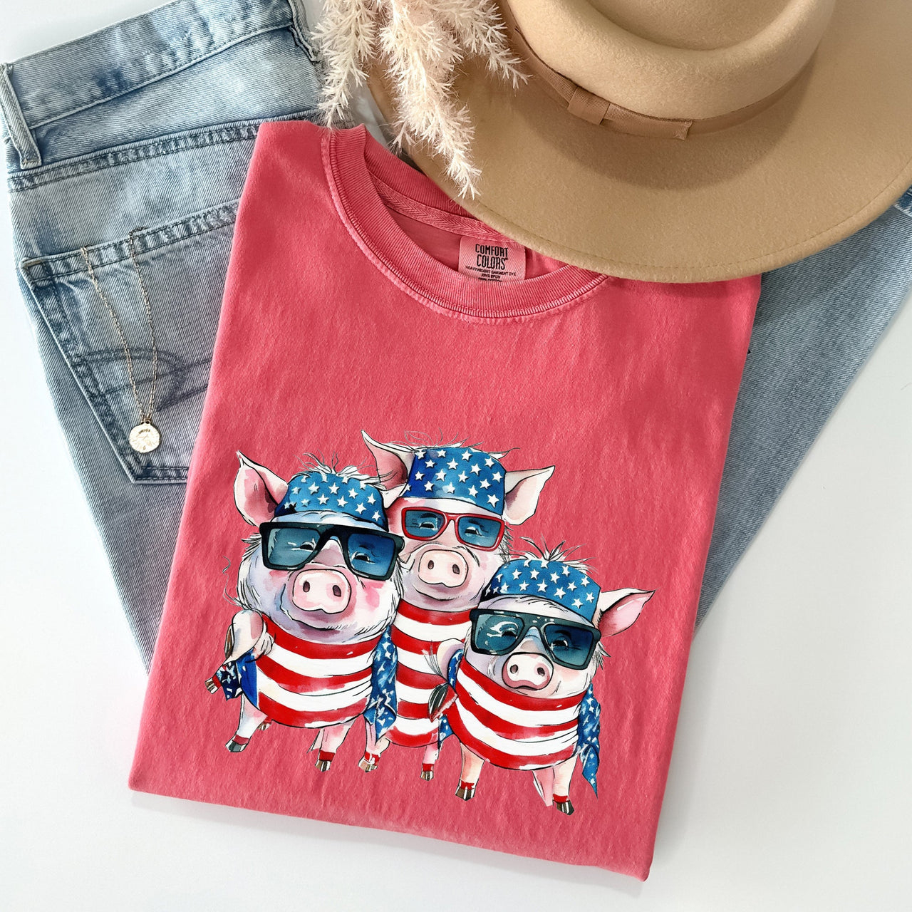 Patriotic Pigs Hippie 4th Of July Celebration With Retro Flag Colors And Classic Americana Vibe Comfort Colors Tee