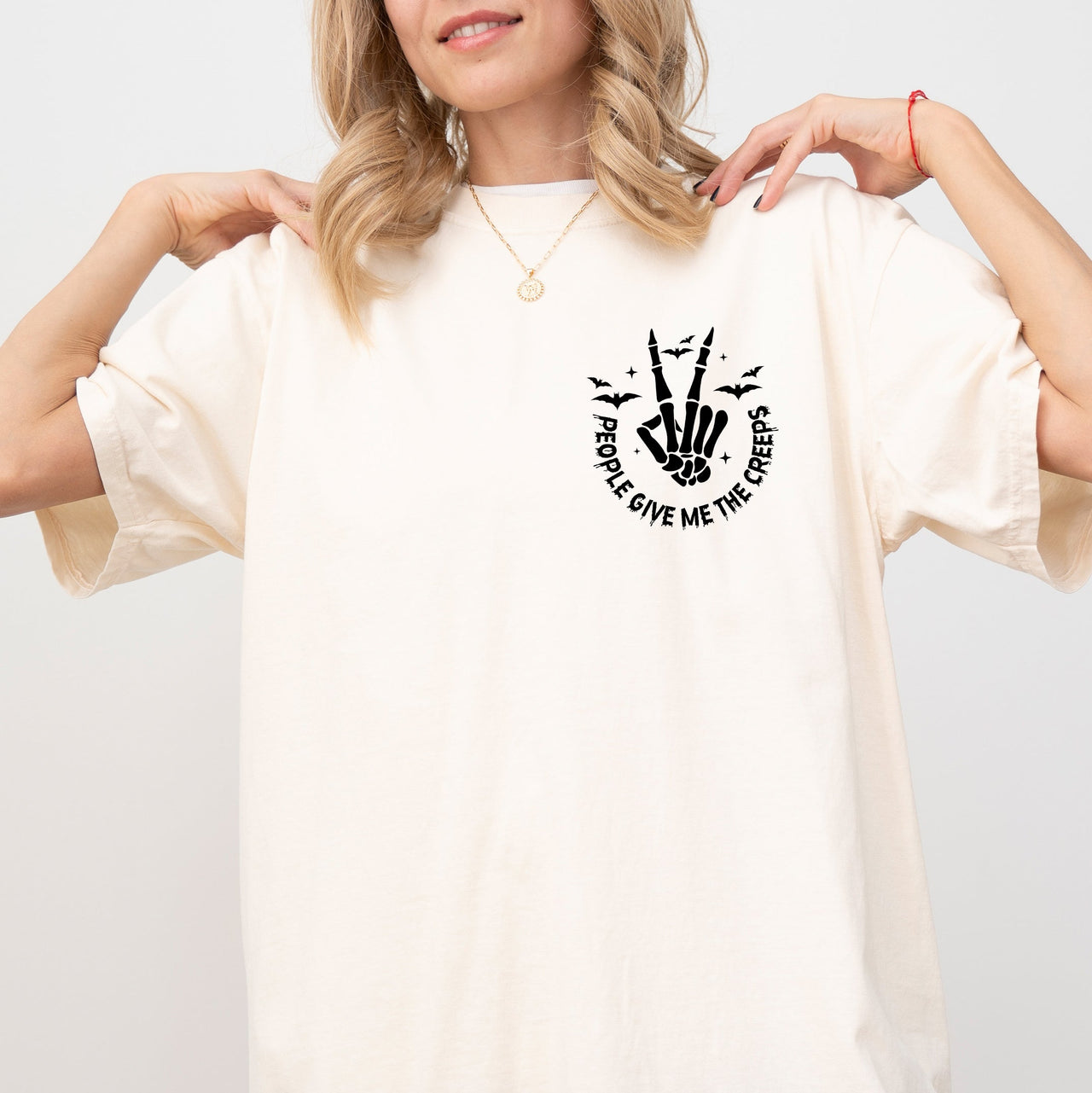People Give Me The Creeps Pocket Print Skeleton Bats Witch Halloween Spooky Comfort Colors Tee