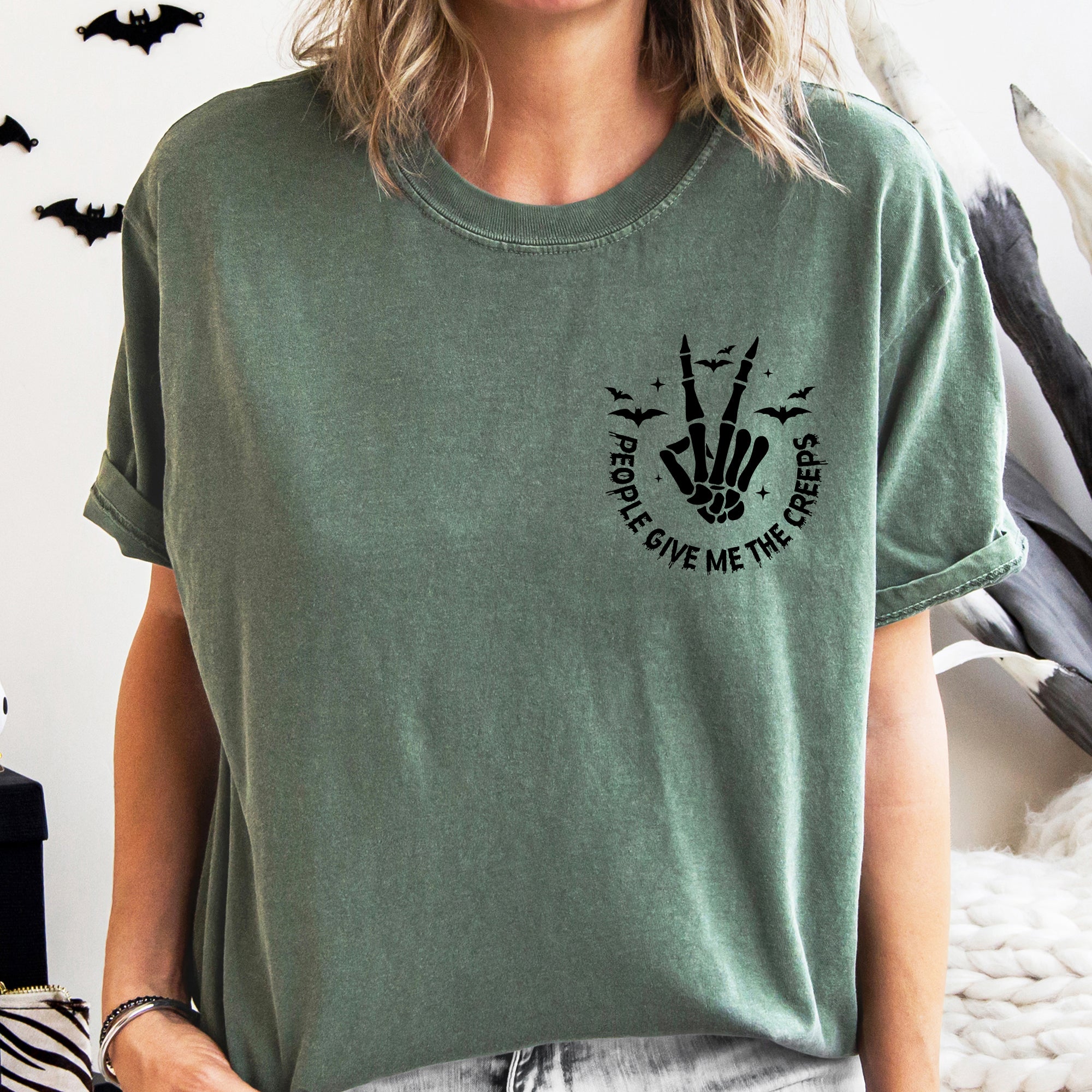 People Give Me The Creeps Pocket Print Skeleton Bats Witch Halloween Spooky Comfort Colors Tee