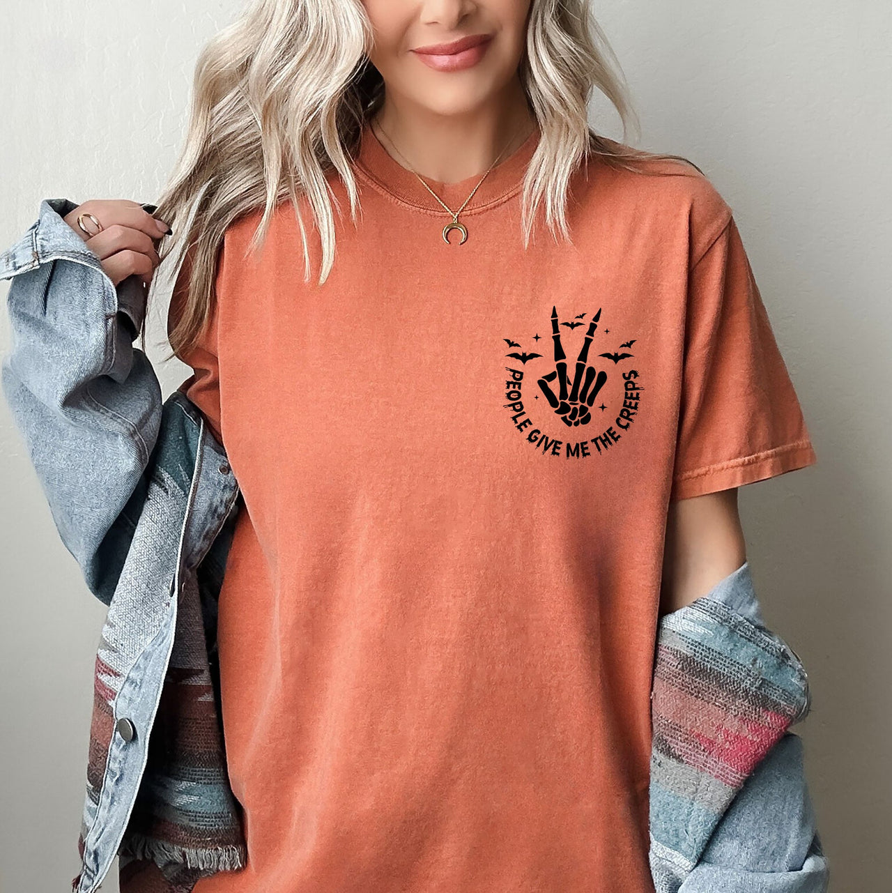 People Give Me The Creeps Pocket Print Skeleton Bats Witch Halloween Spooky Comfort Colors Tee
