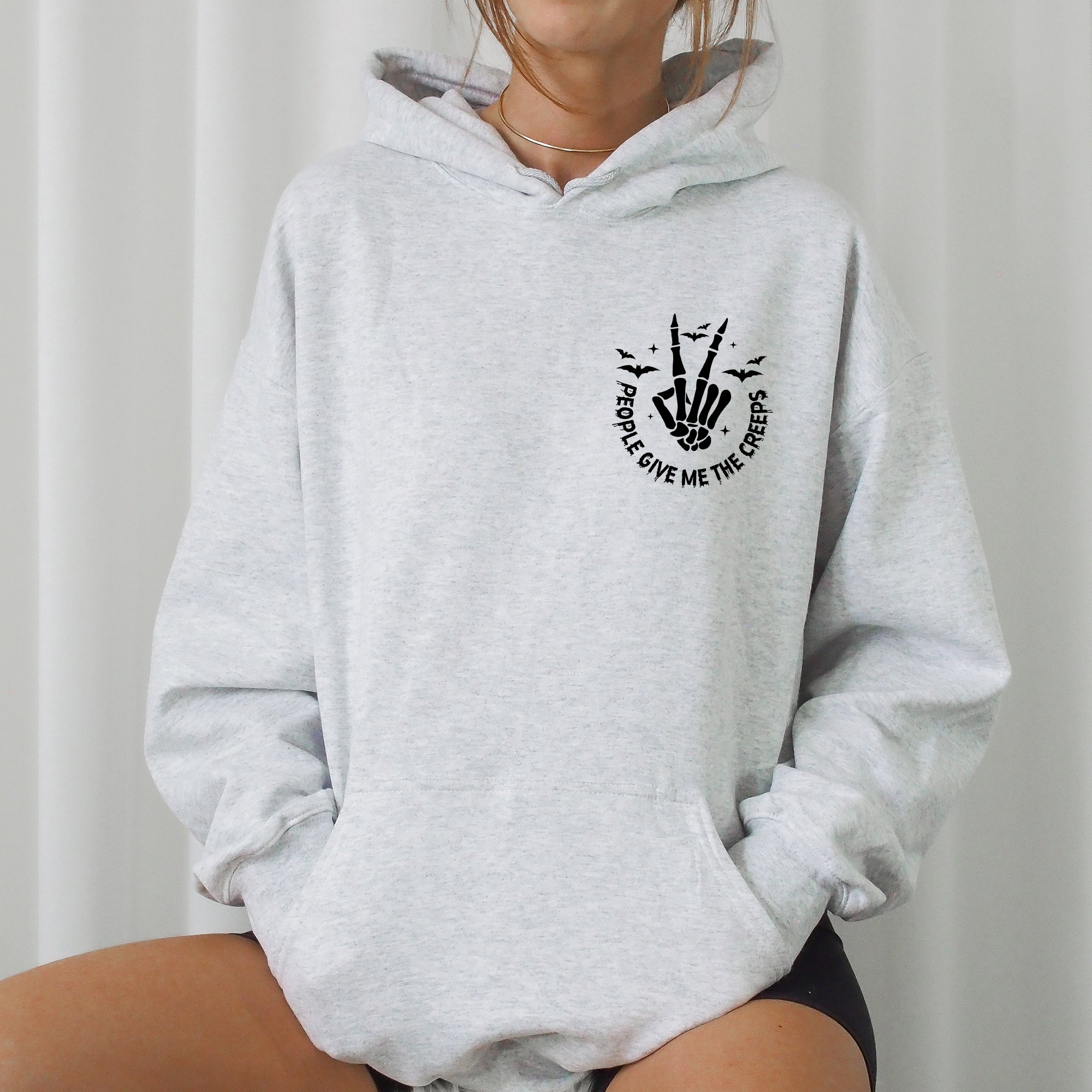 People Give Me The Creeps Pocket Print Skeleton Bats Witch Halloween Spooky Hoodie
