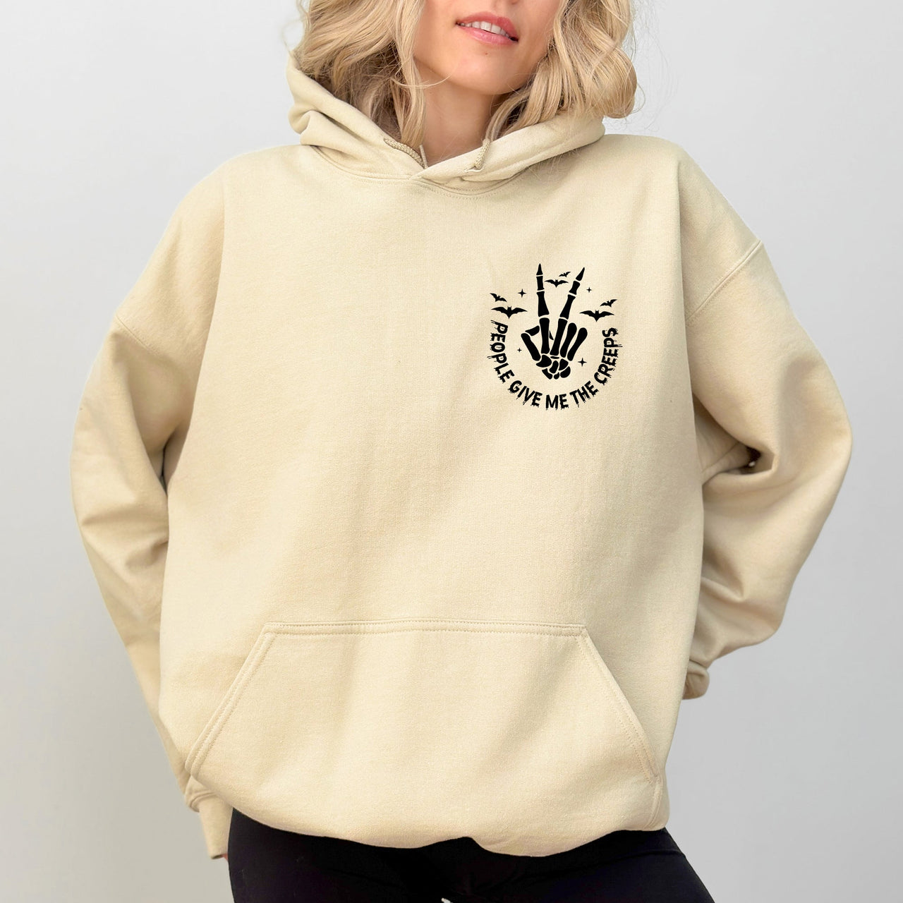 People Give Me The Creeps Pocket Print Skeleton Bats Witch Halloween Spooky Hoodie