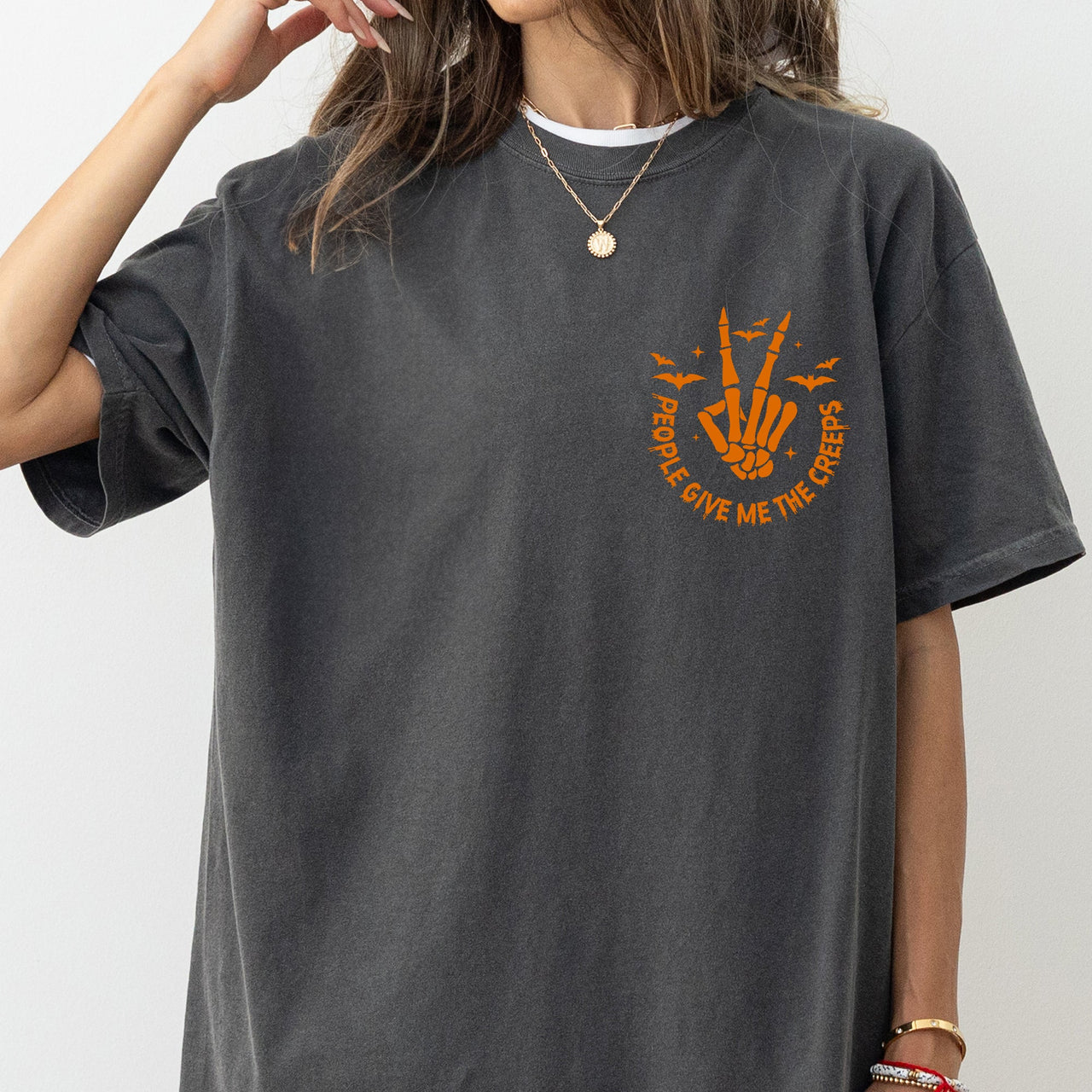 People Give Me The Creeps Pocket Print Skeleton Bats Witch Halloween Spooky Comfort Colors Tee