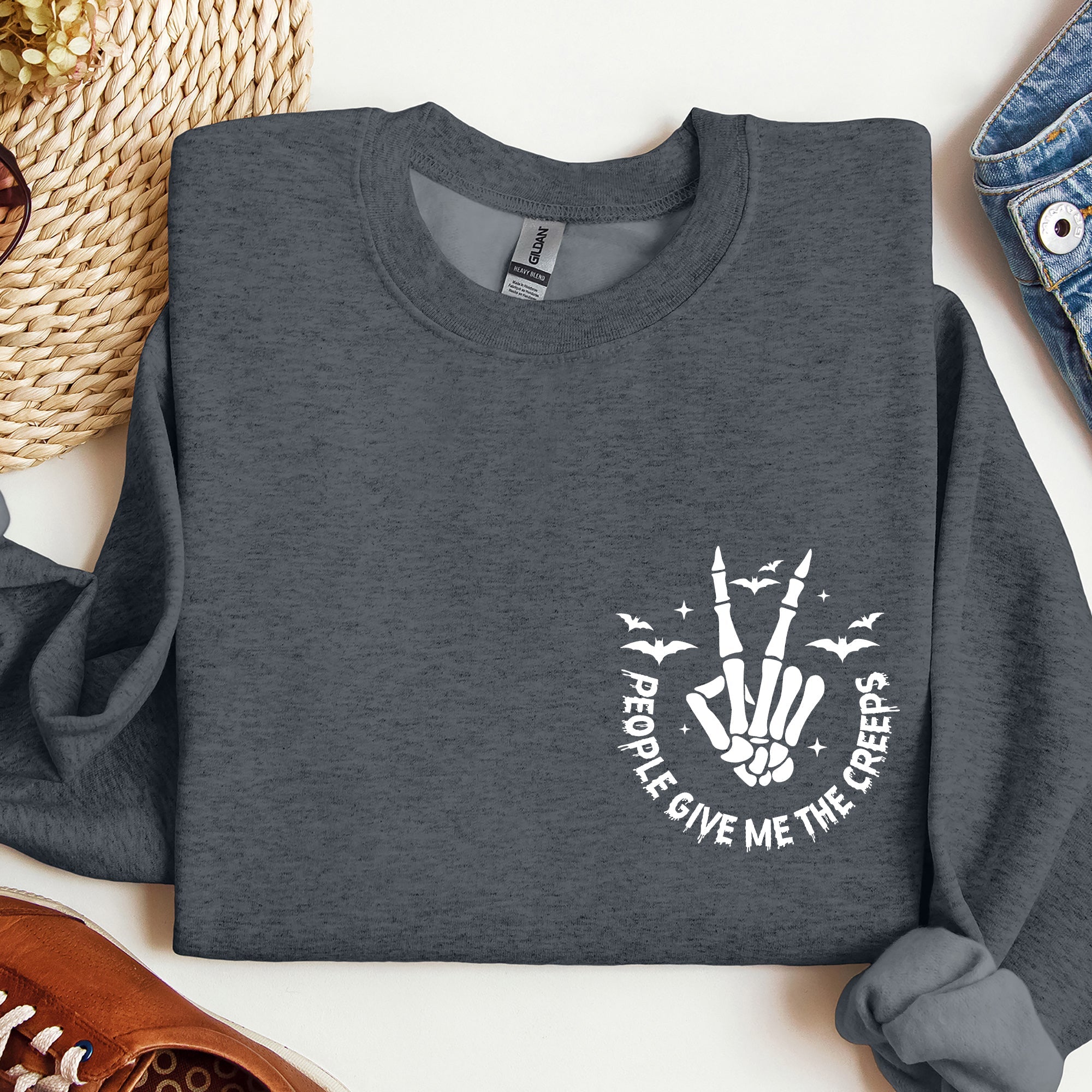 People Give Me The Creeps Pocket Print Skeleton Bats Witch Halloween Spooky Sweatshirt