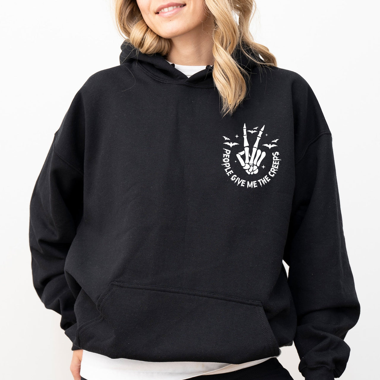 People Give Me The Creeps Pocket Print Skeleton Bats Witch Halloween Spooky Hoodie
