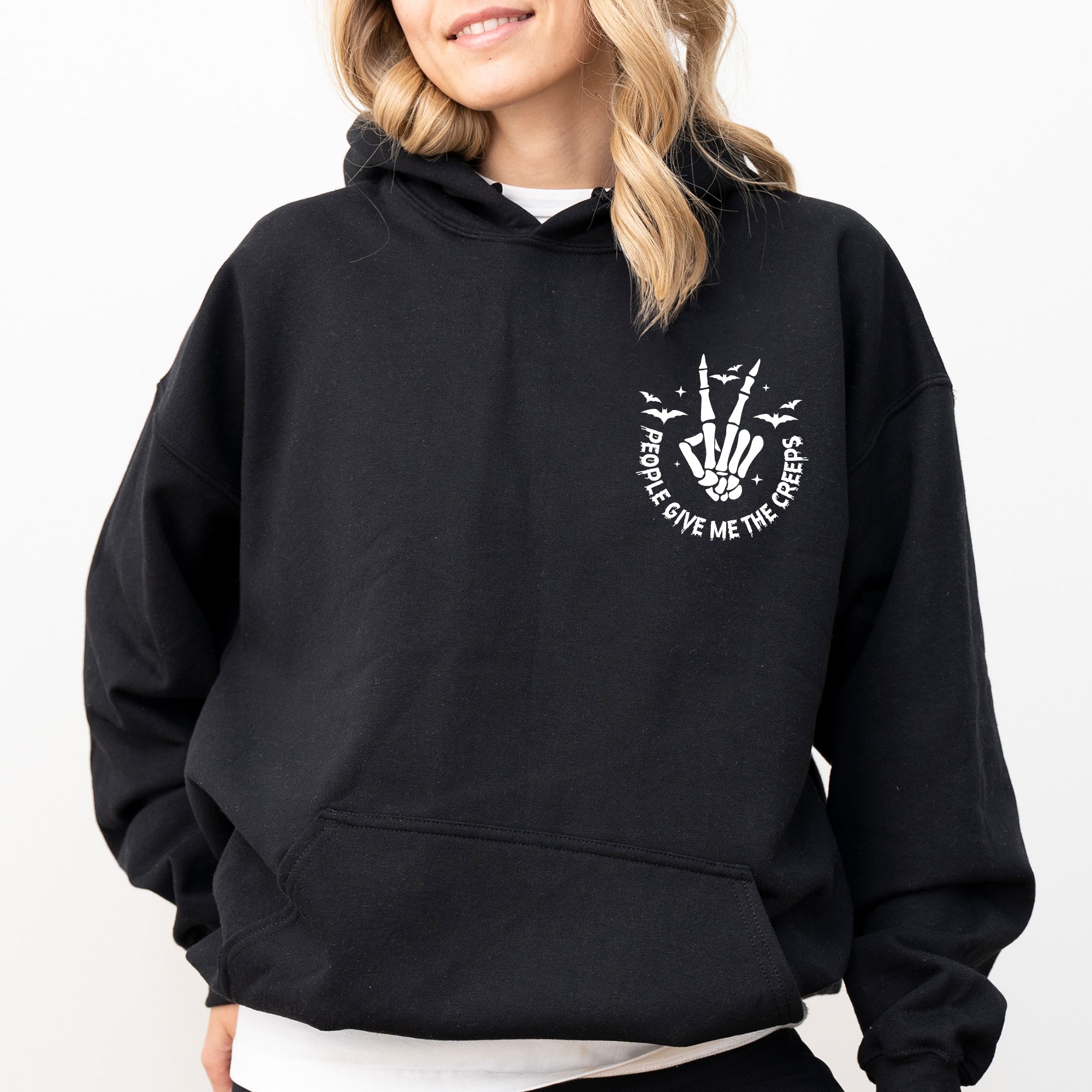 People Give Me The Creeps Pocket Print Skeleton Bats Witch Halloween Spooky Hoodie