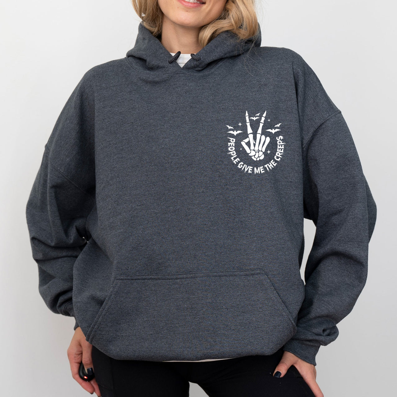 People Give Me The Creeps Pocket Print Skeleton Bats Witch Halloween Spooky Hoodie