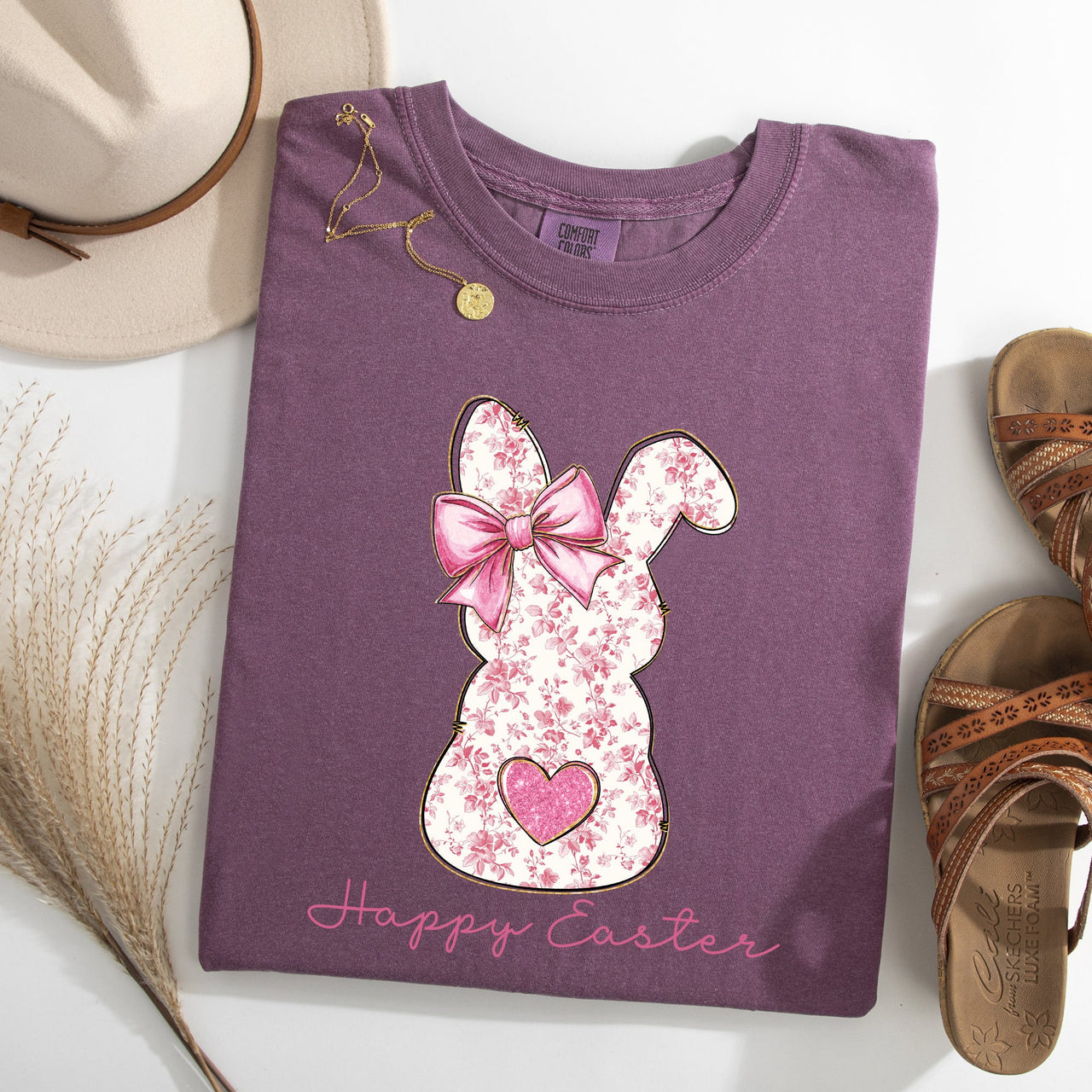 Pink Floral Bunny Easter Jesus Rabbit Holiday Floral Illustration Comfort Colors Tee