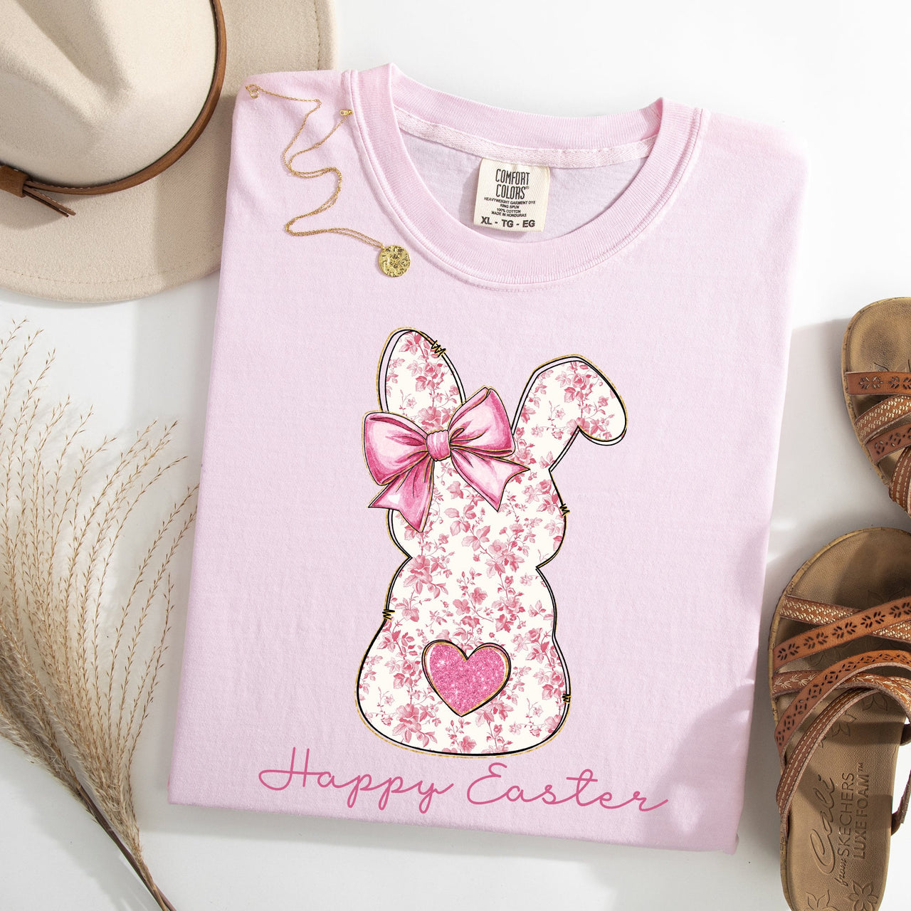 Pink Floral Bunny Easter Jesus Rabbit Holiday Floral Illustration Comfort Colors Tee