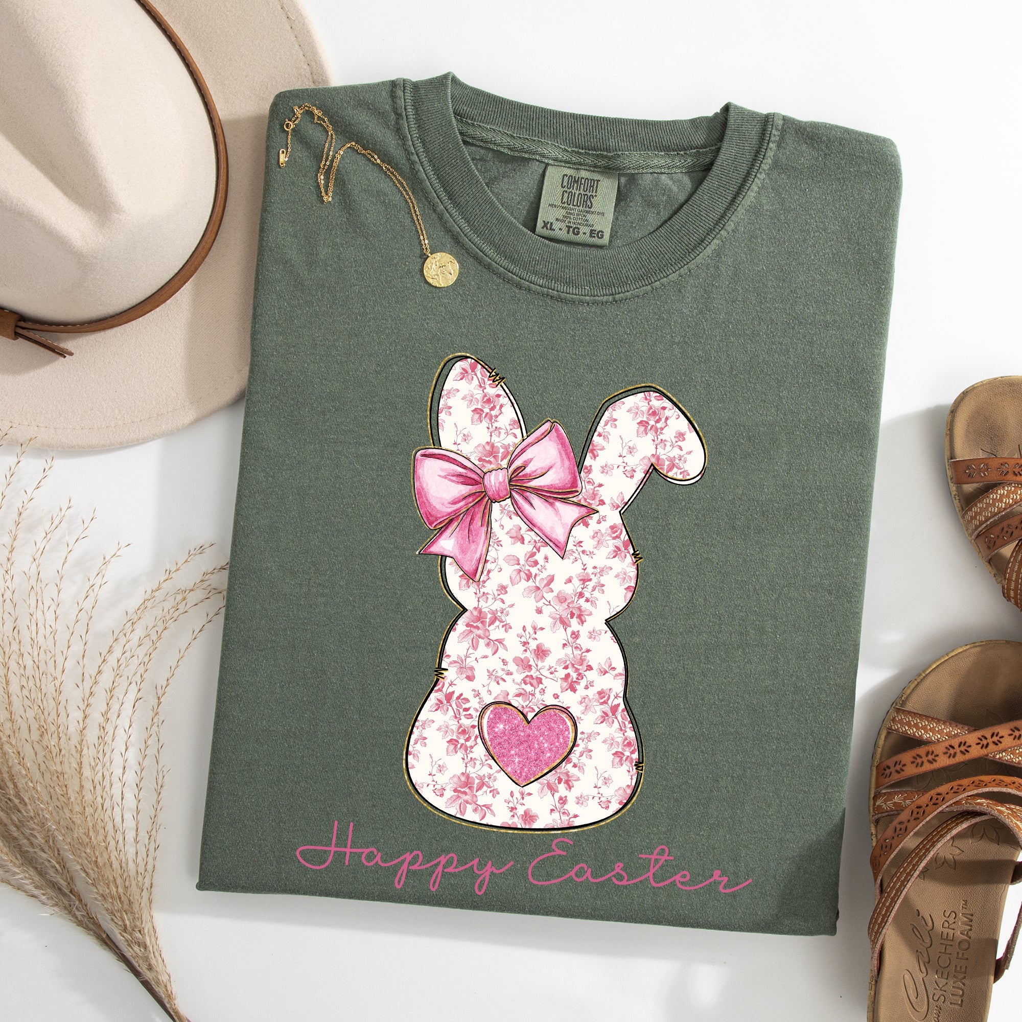 Pink Floral Bunny Easter Jesus Rabbit Holiday Floral Illustration Comfort Colors Tee