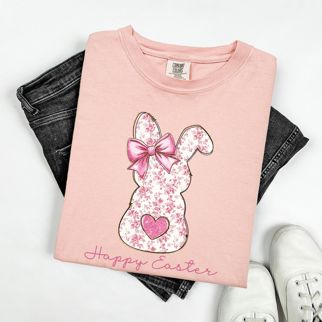 Pink Floral Bunny Easter Jesus Rabbit Holiday Floral Illustration Comfort Colors Tee