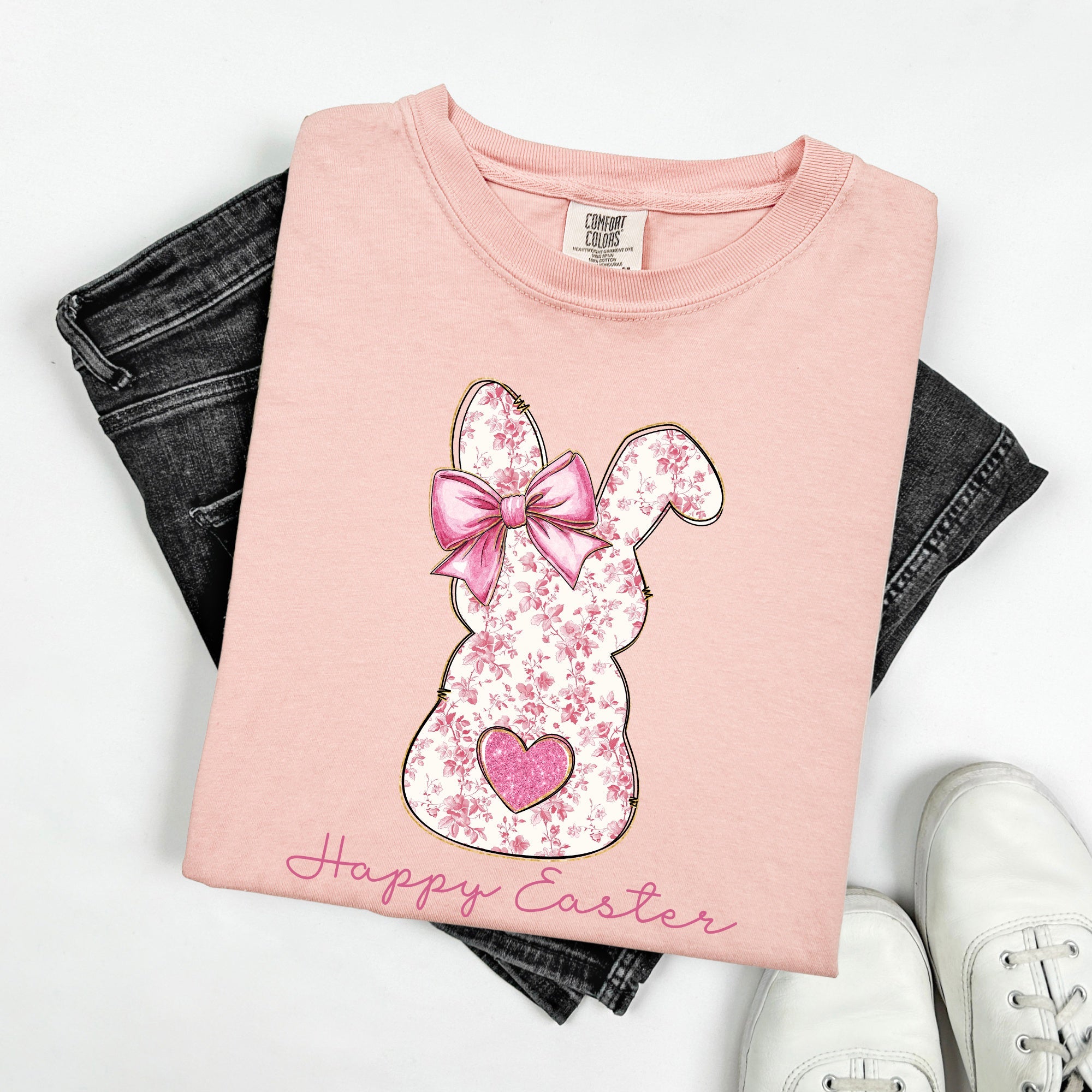 Pink Floral Bunny Easter Jesus Rabbit Holiday Floral Illustration Comfort Colors Tee