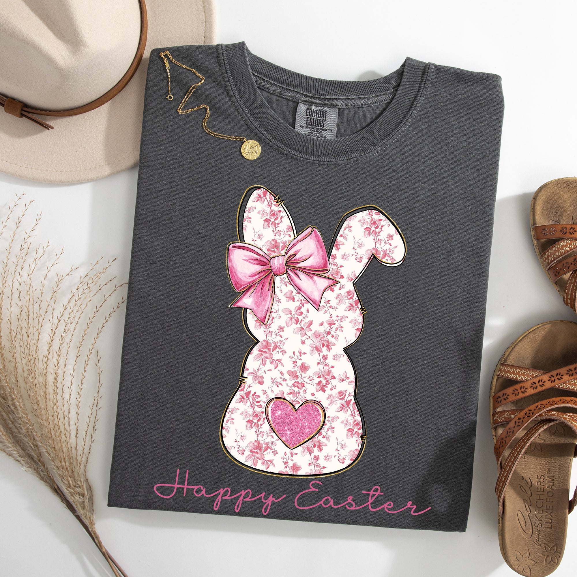 Pink Floral Bunny Easter Jesus Rabbit Holiday Floral Illustration Comfort Colors Tee