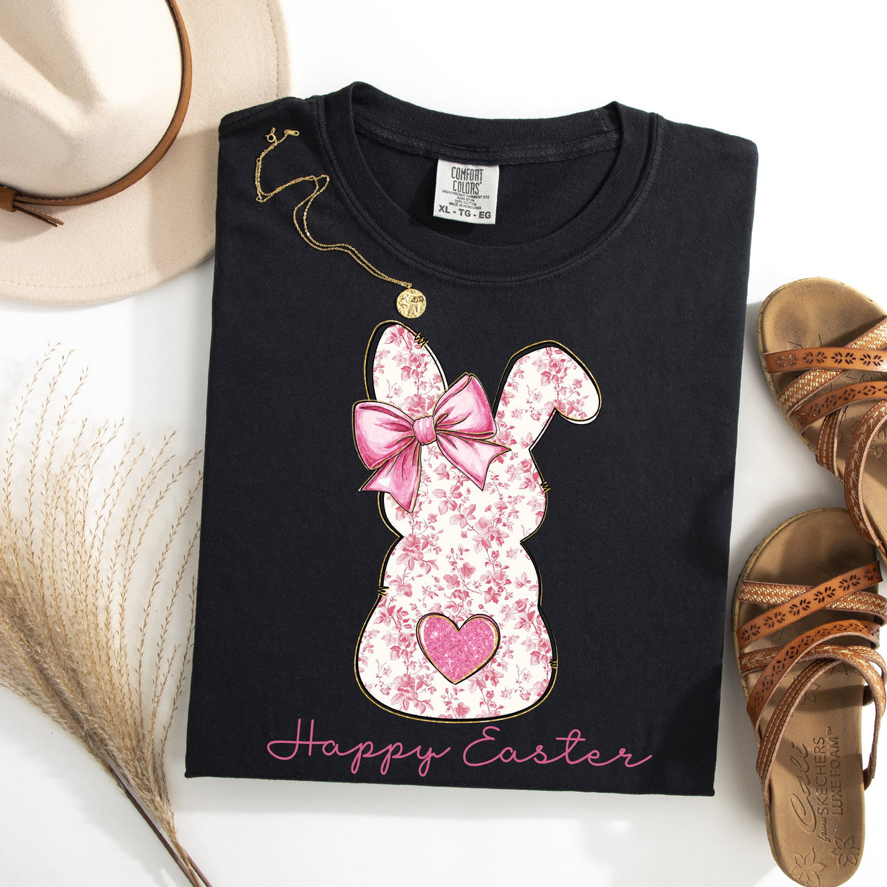 Pink Floral Bunny Easter Jesus Rabbit Holiday Floral Illustration Comfort Colors Tee