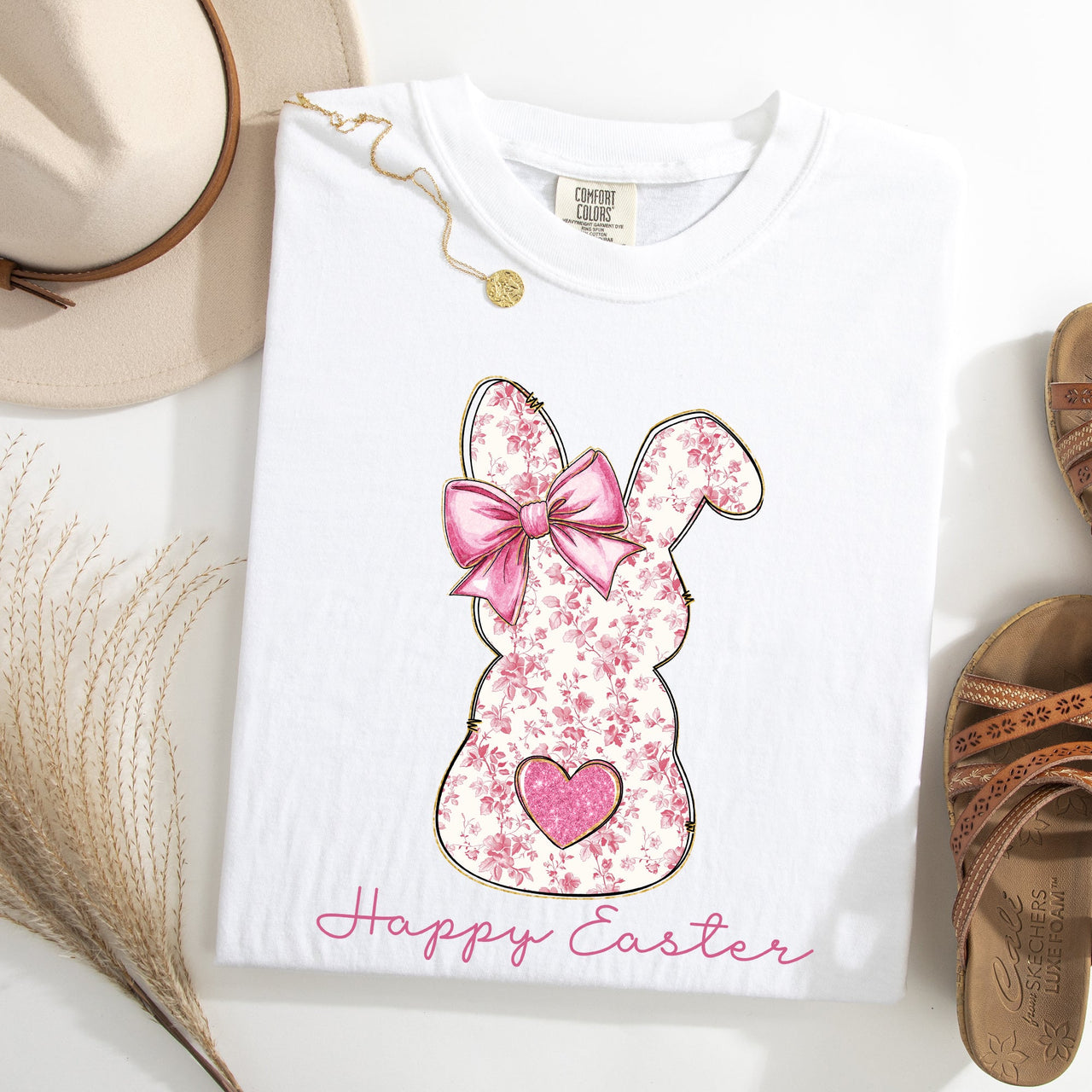 Pink Floral Bunny Easter Jesus Rabbit Holiday Floral Illustration Comfort Colors Tee