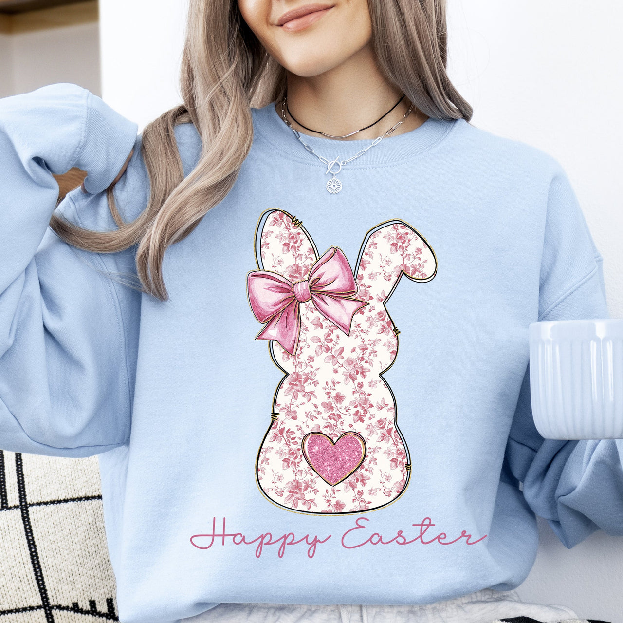 Pink Floral Bunny Easter Jesus Rabbit Holiday Artwork Illustration For Spring Season Sweatshirt