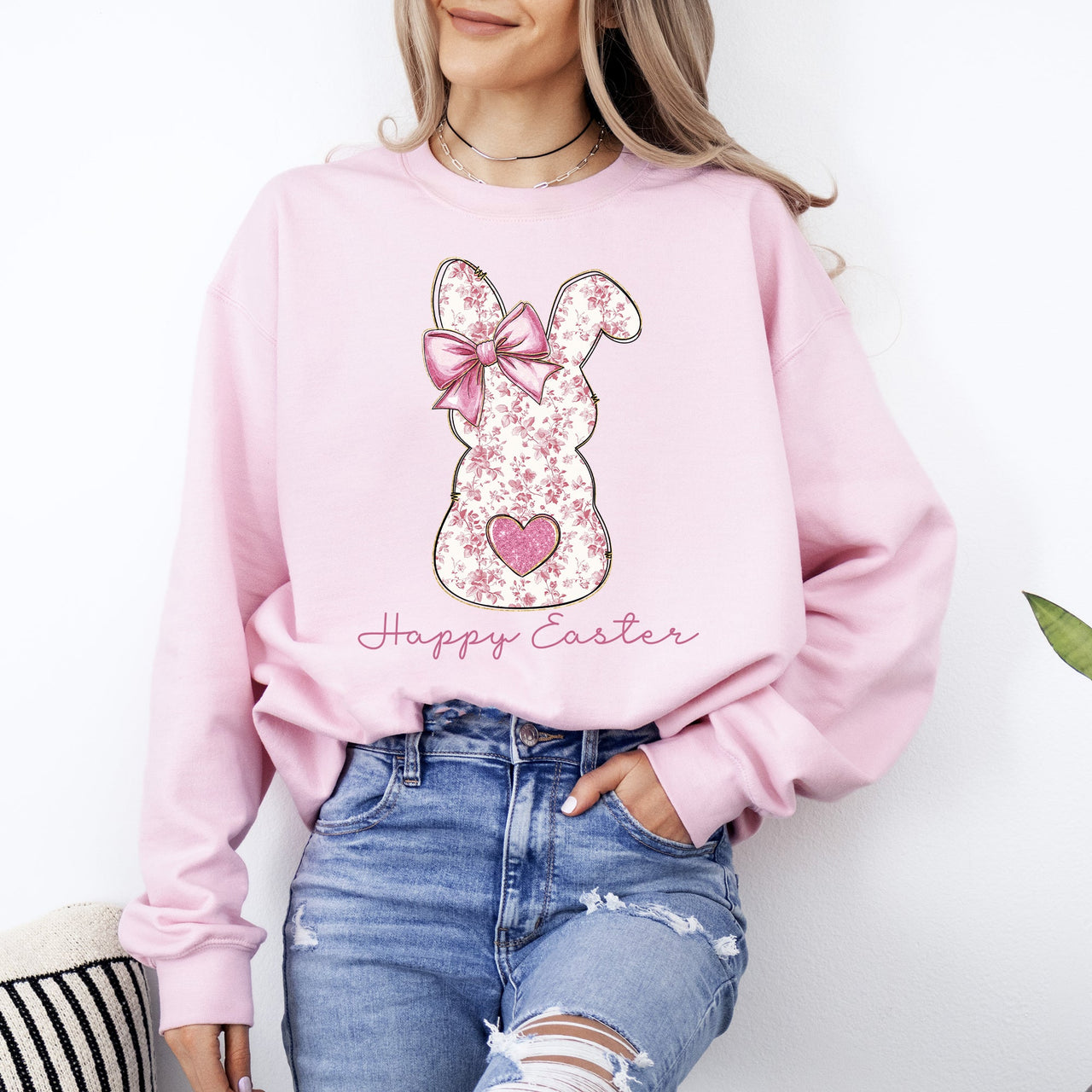 Pink Floral Bunny Easter Jesus Rabbit Holiday Artwork Illustration For Spring Season Sweatshirt