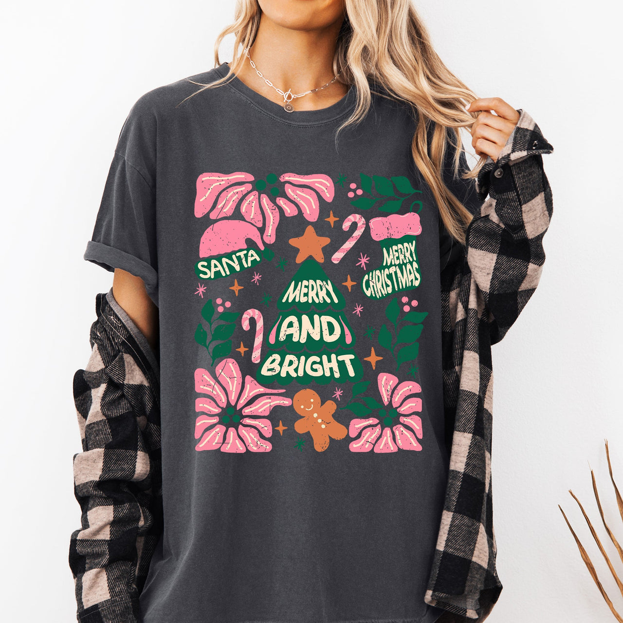 Merry Christmas Candy Cane Tree Floral Display With Poinsettias And Seasonal Joy Comfort Colors Tee