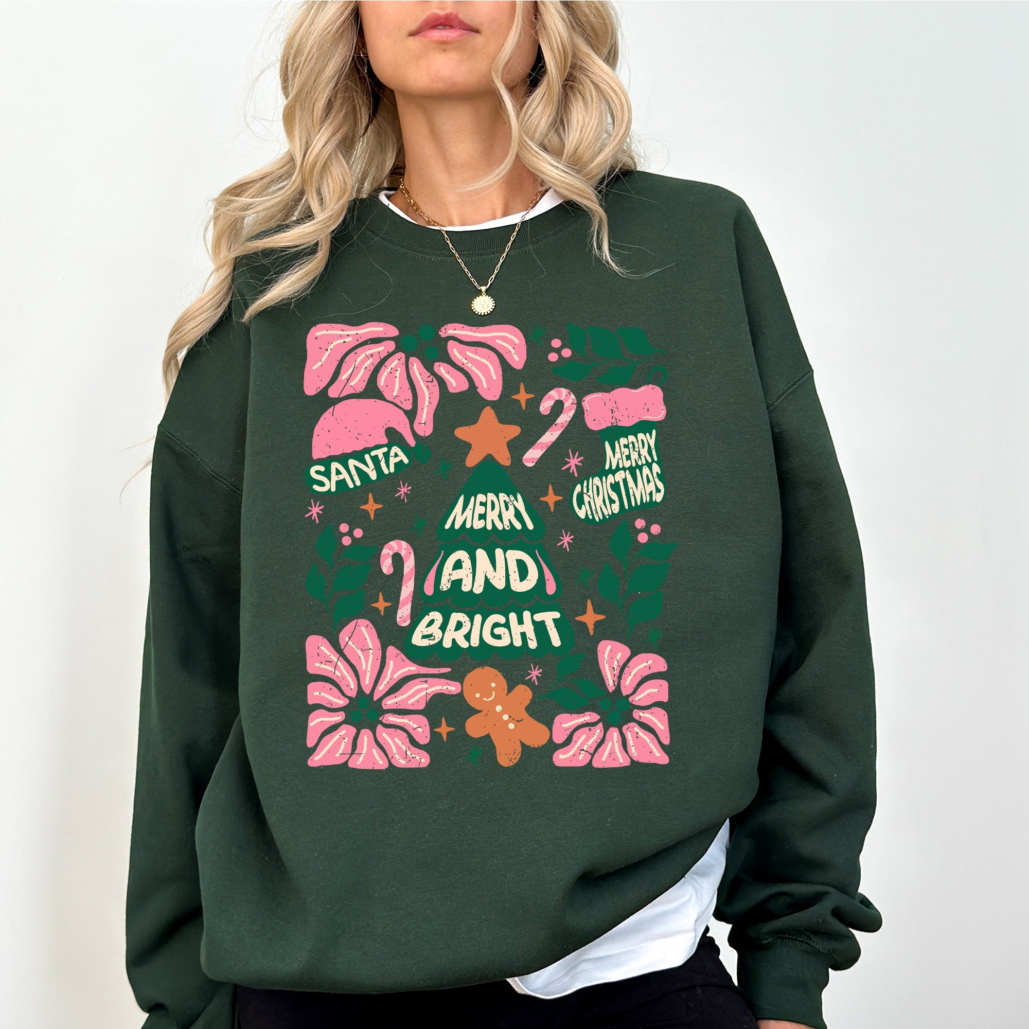 Pink Merry And Bright Candy Cane Tree Christmas Flowers Floral Holiday Design Sweatshirt