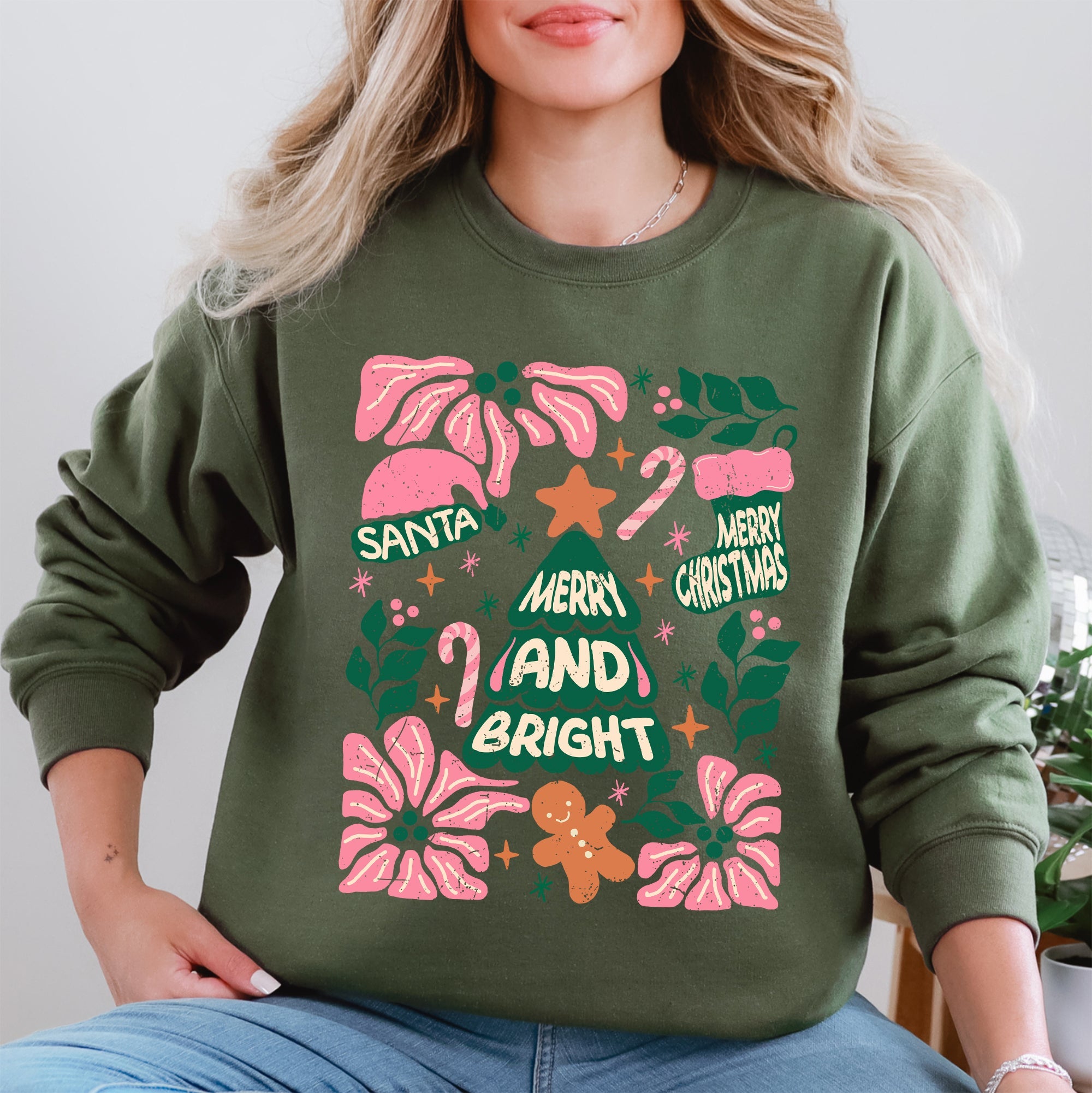 Pink Merry And Bright Candy Cane Tree Christmas Flowers Floral Holiday Design Sweatshirt