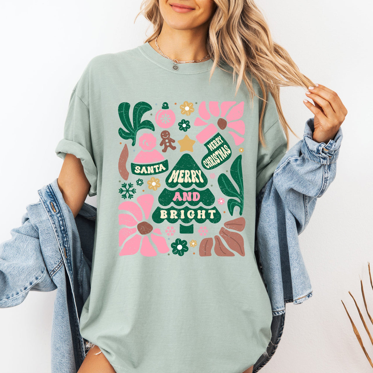 Merry And Bright Ornament Tree Christmas Flowers Festive Floral Holiday Design Comfort Colors Tee