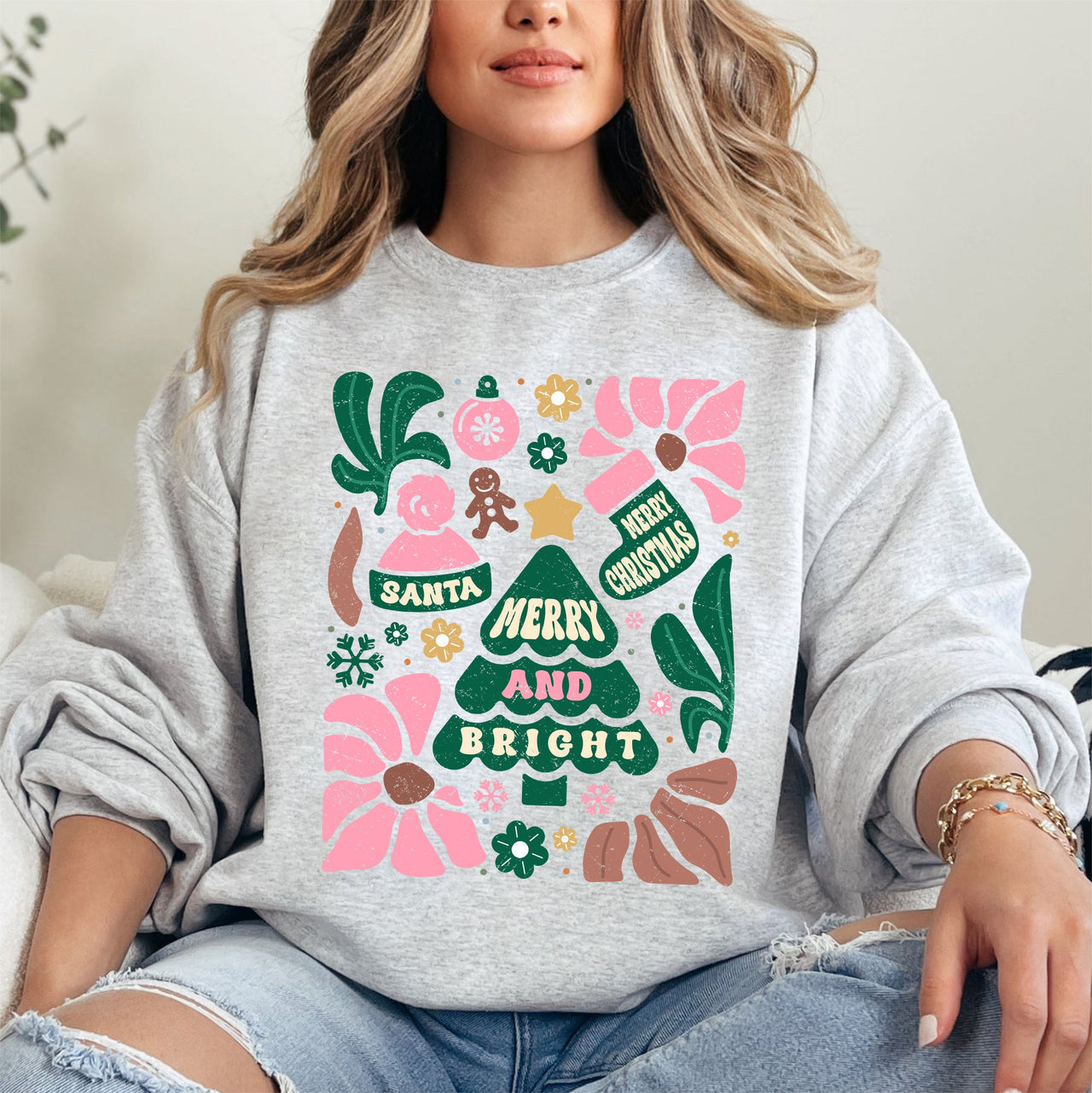 Pink Merry and Bright Ornament Tree Christmas Flowers Floral Holiday Edition Sweatshirt