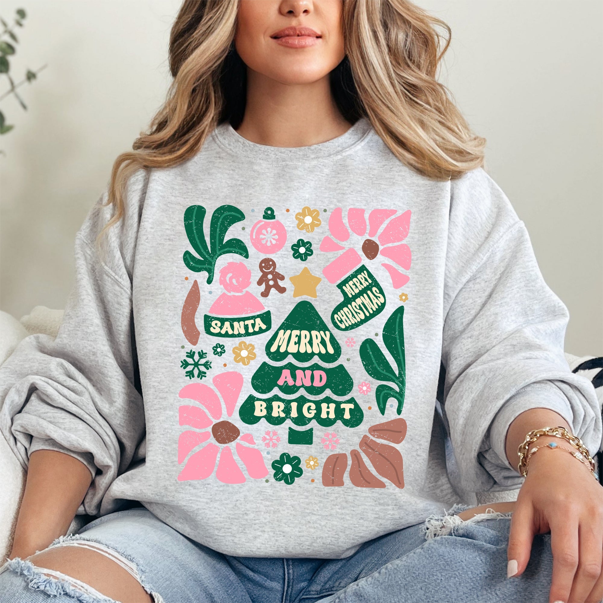 Pink Merry and Bright Ornament Tree Christmas Flowers Floral Holiday Edition Sweatshirt