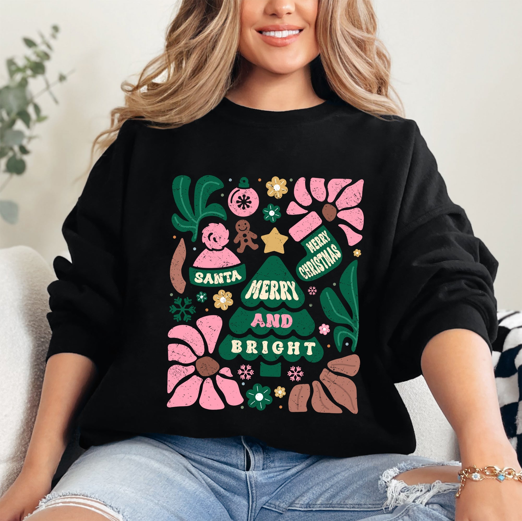 Pink Merry and Bright Ornament Tree Christmas Flowers Floral Holiday Edition Sweatshirt