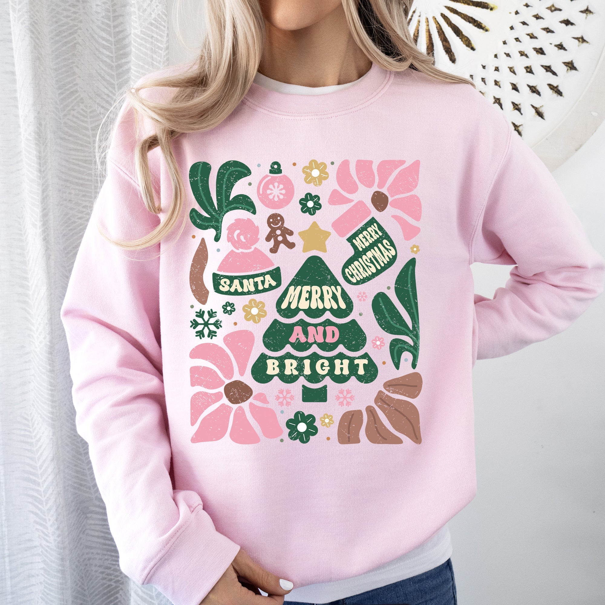 Pink Merry and Bright Ornament Tree Christmas Flowers Floral Holiday Edition Sweatshirt