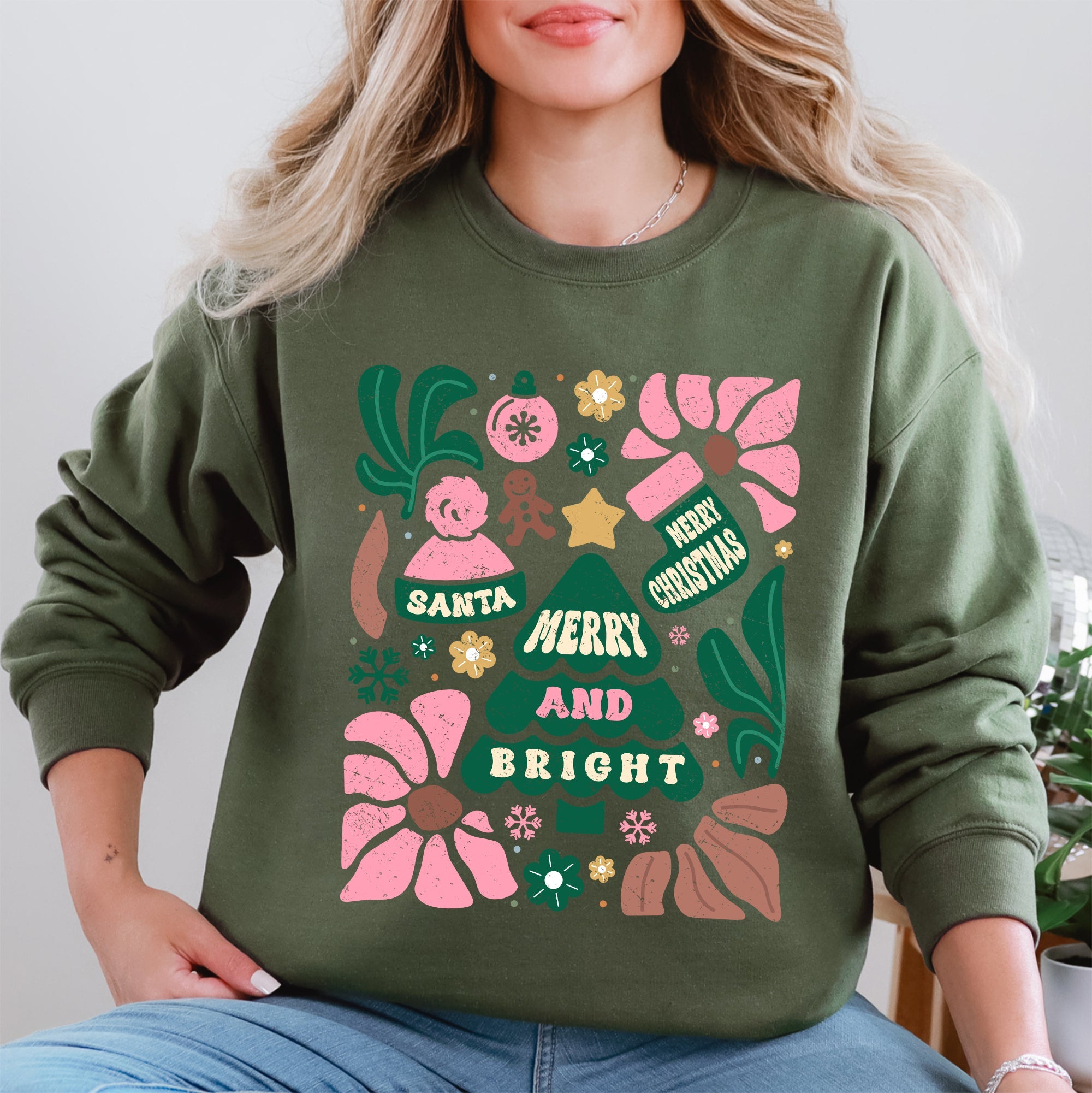 Pink Merry and Bright Ornament Tree Christmas Flowers Floral Holiday Edition Sweatshirt