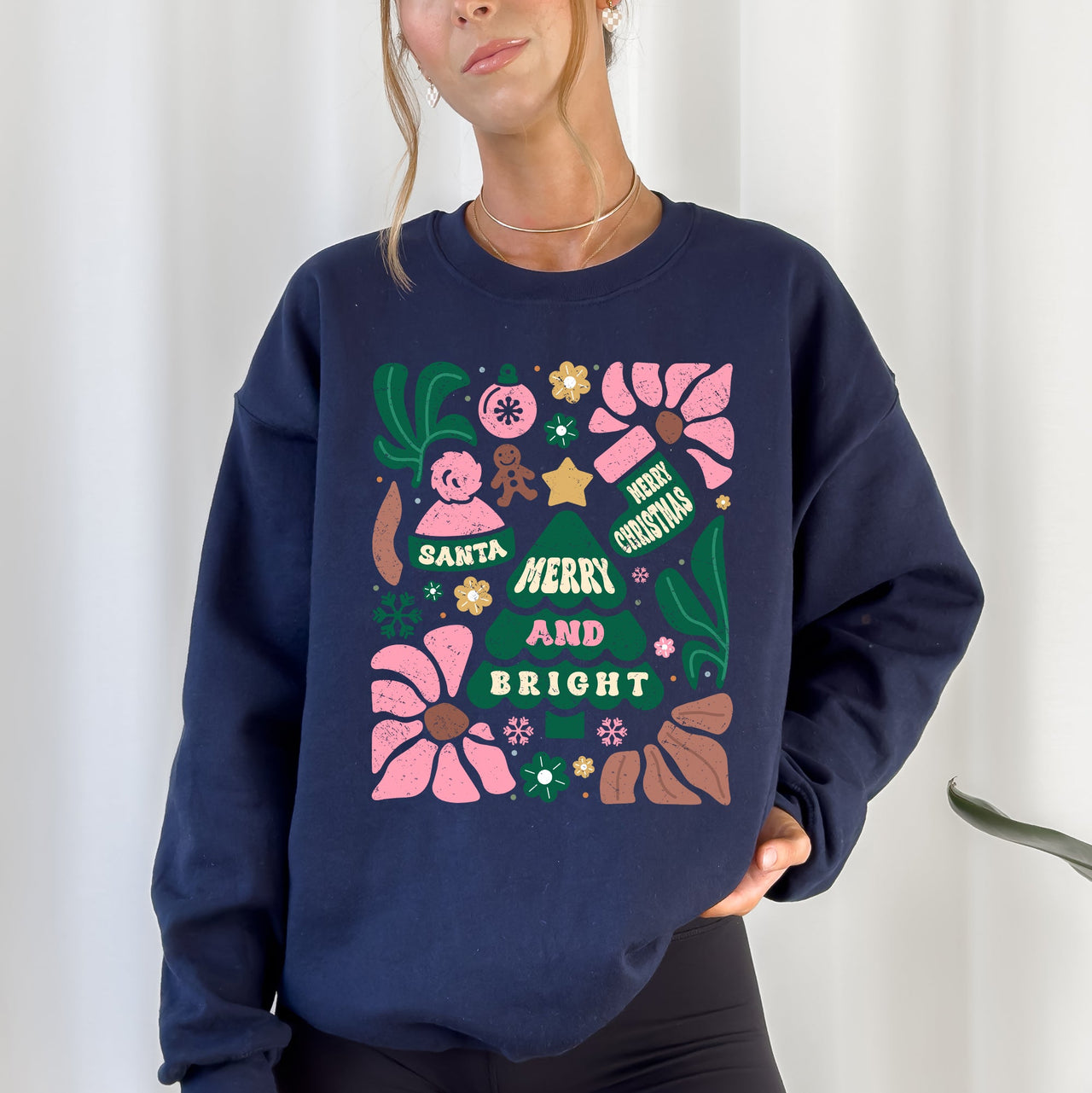 Pink Merry and Bright Ornament Tree Christmas Flowers Floral Holiday Edition Sweatshirt