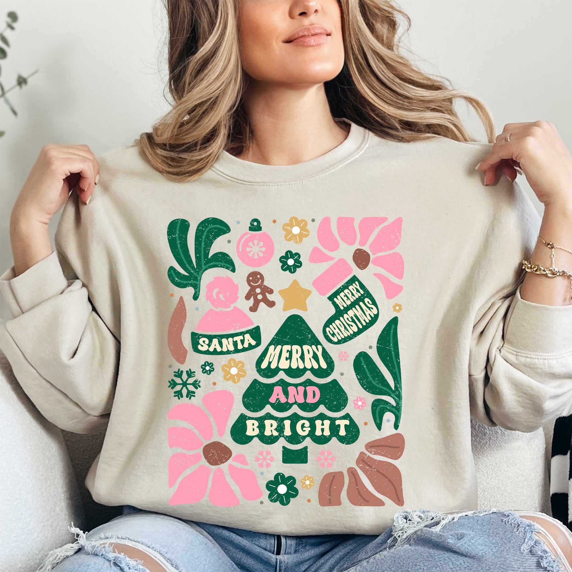 Pink Merry and Bright Ornament Tree Christmas Flowers Floral Holiday Edition Sweatshirt