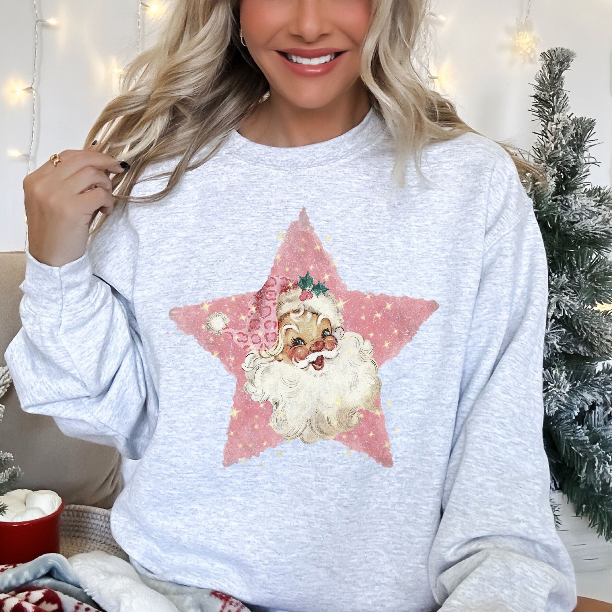 Pink Star Retro Santa Christmas Vintage Festive Holiday Pattern Illustration Sweatshirt