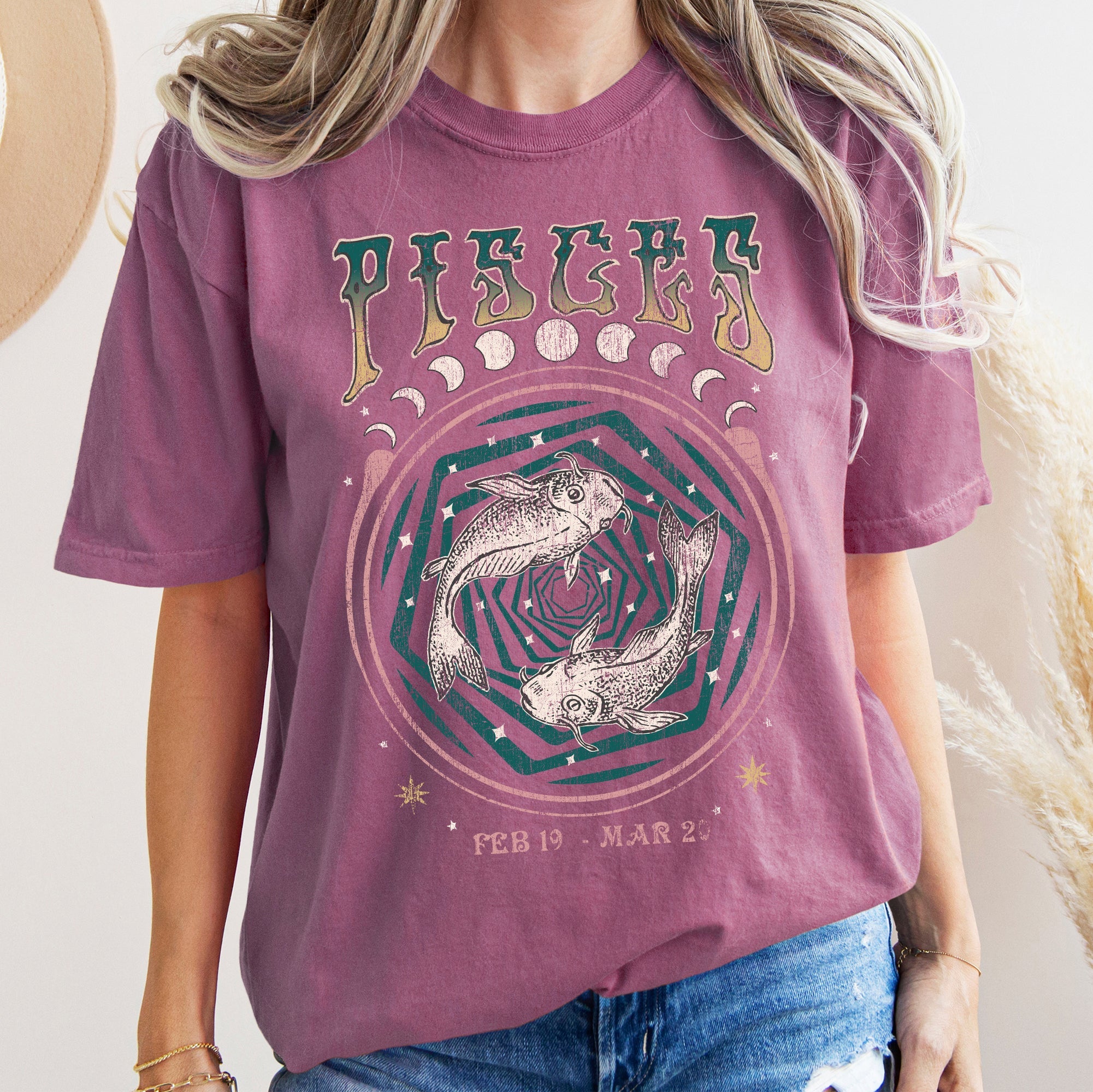 Pisces Zodiac Horoscope Astrology Mystic Moon Phases Celestial Art Print For Astrology Lovers Comfort Colors Tee