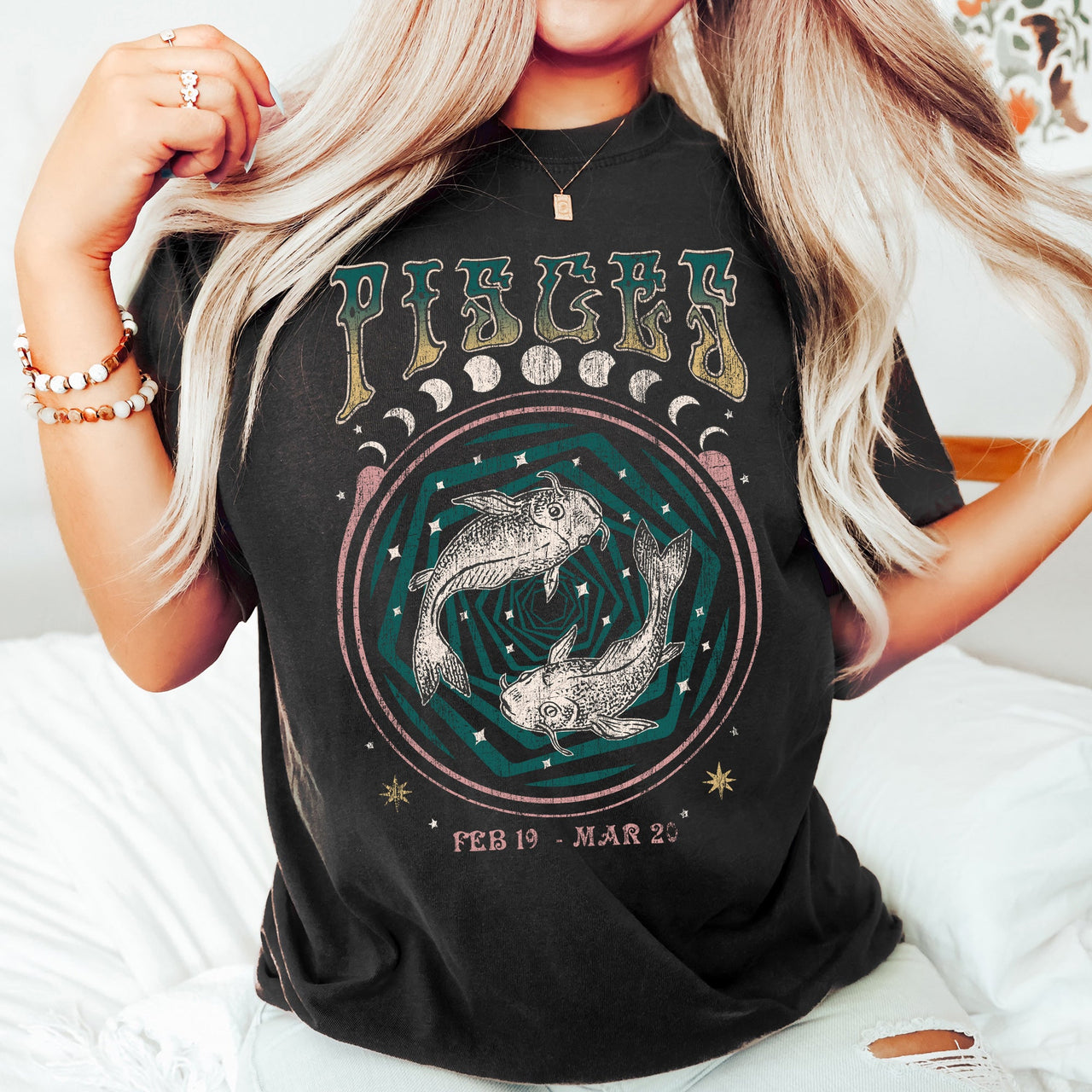 Pisces Zodiac Horoscope Astrology Mystic Moon Phases Celestial Art Print For Astrology Lovers Comfort Colors Tee