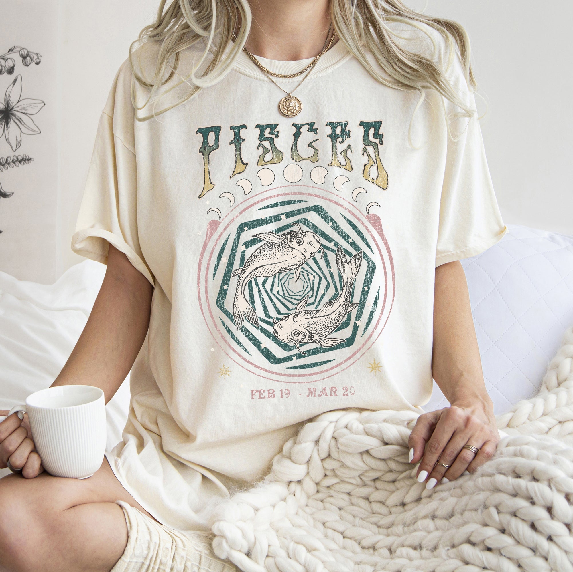 Pisces Zodiac Horoscope Astrology Mystic Moon Phases Celestial Art Print For Astrology Lovers Comfort Colors Tee
