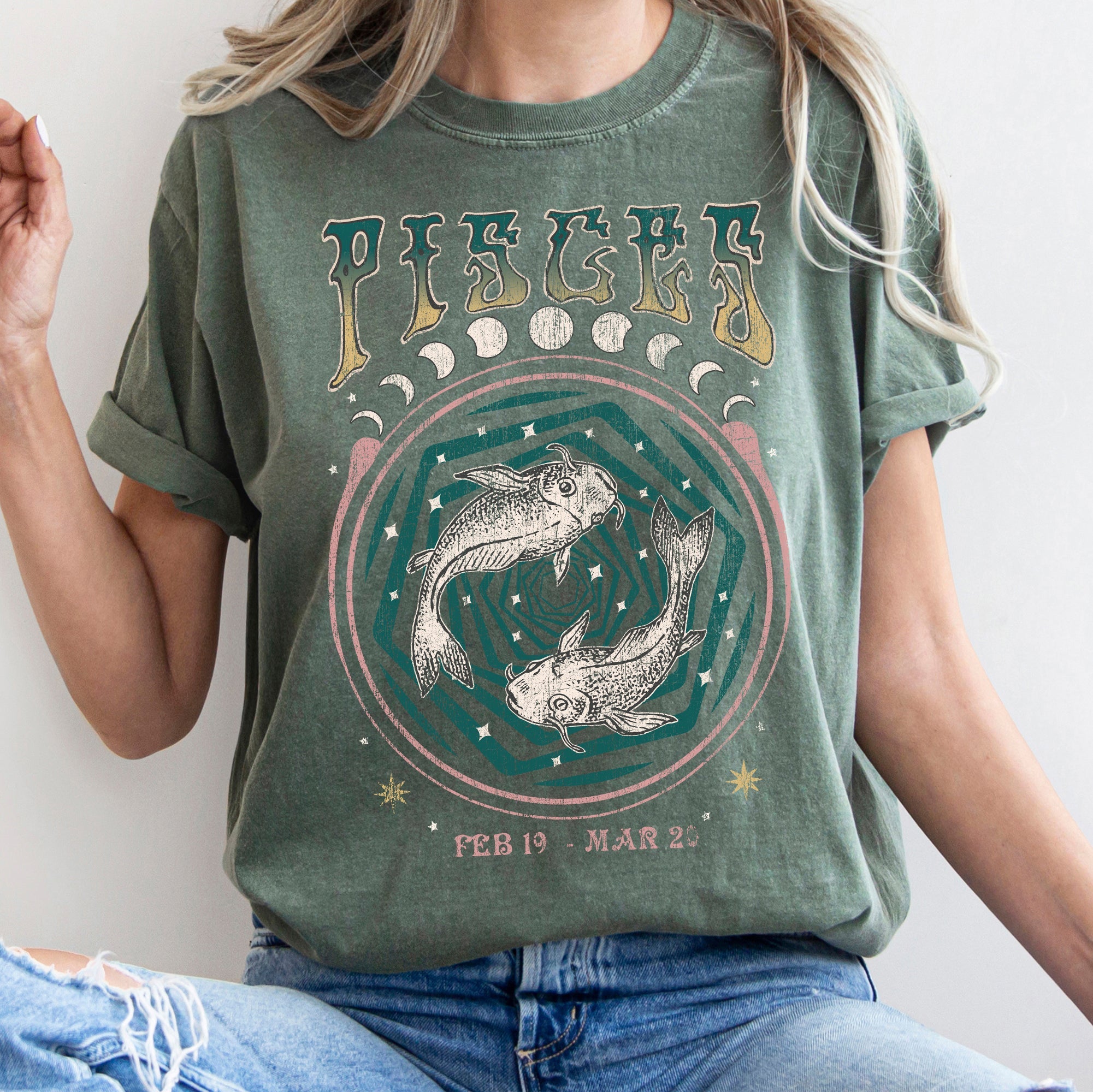 Pisces Zodiac Horoscope Astrology Mystic Moon Phases Celestial Art Print For Astrology Lovers Comfort Colors Tee