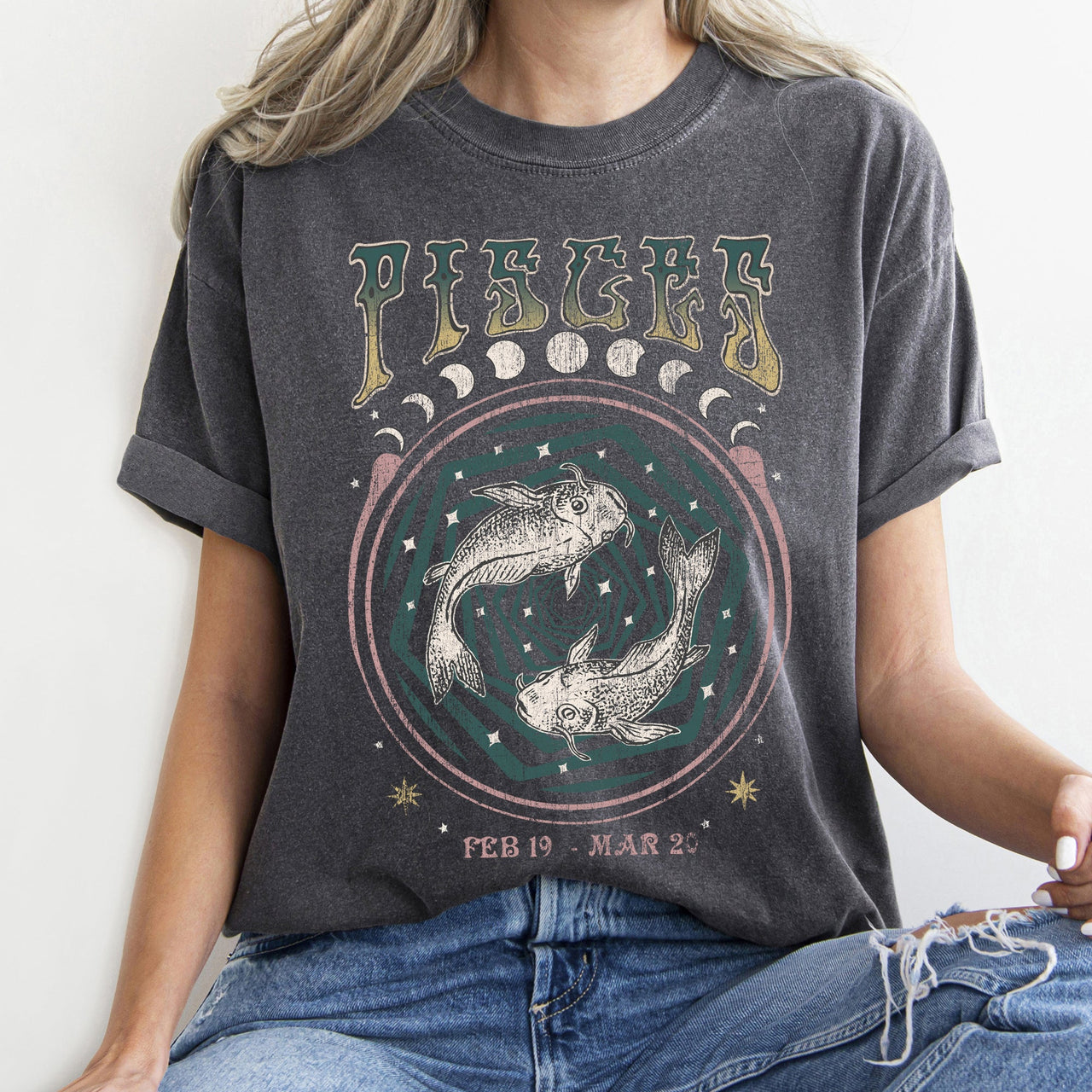 Pisces Zodiac Horoscope Astrology Mystic Moon Phases Celestial Art Print For Astrology Lovers Comfort Colors Tee