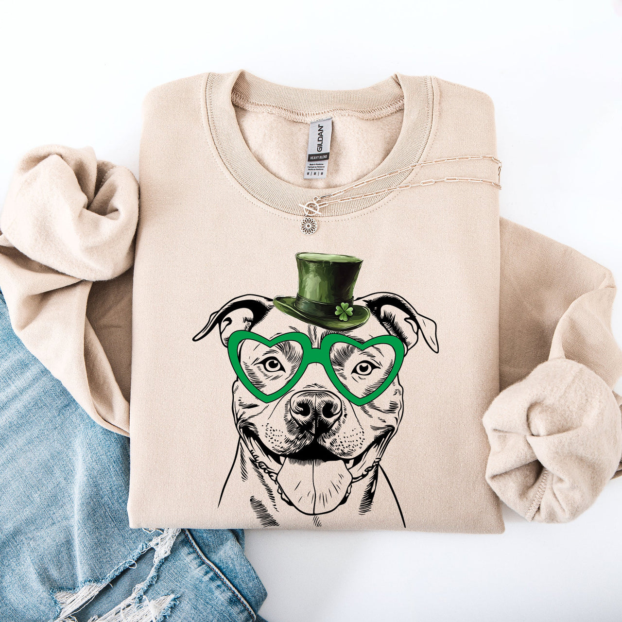 Pitbull Adorable Dog Lucky Irish St Patrick's Day Cozy Cotton Blend Premium Fleece Sweatshirt