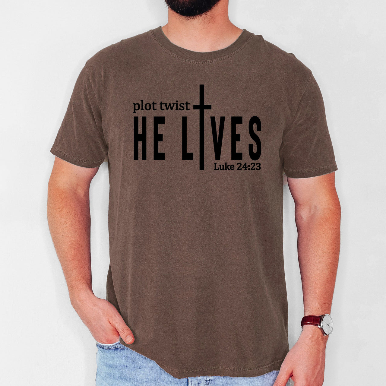 Plot Twist He Lives Christian Jesus Gospel Faith Saved Inspirational Message Comfort Colors Tee