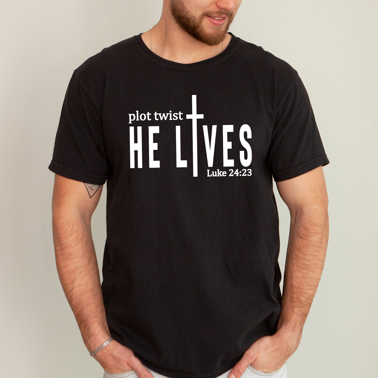 Plot Twist He Lives Christian Jesus Gospel Faith Saved Inspirational Message Comfort Colors Tee