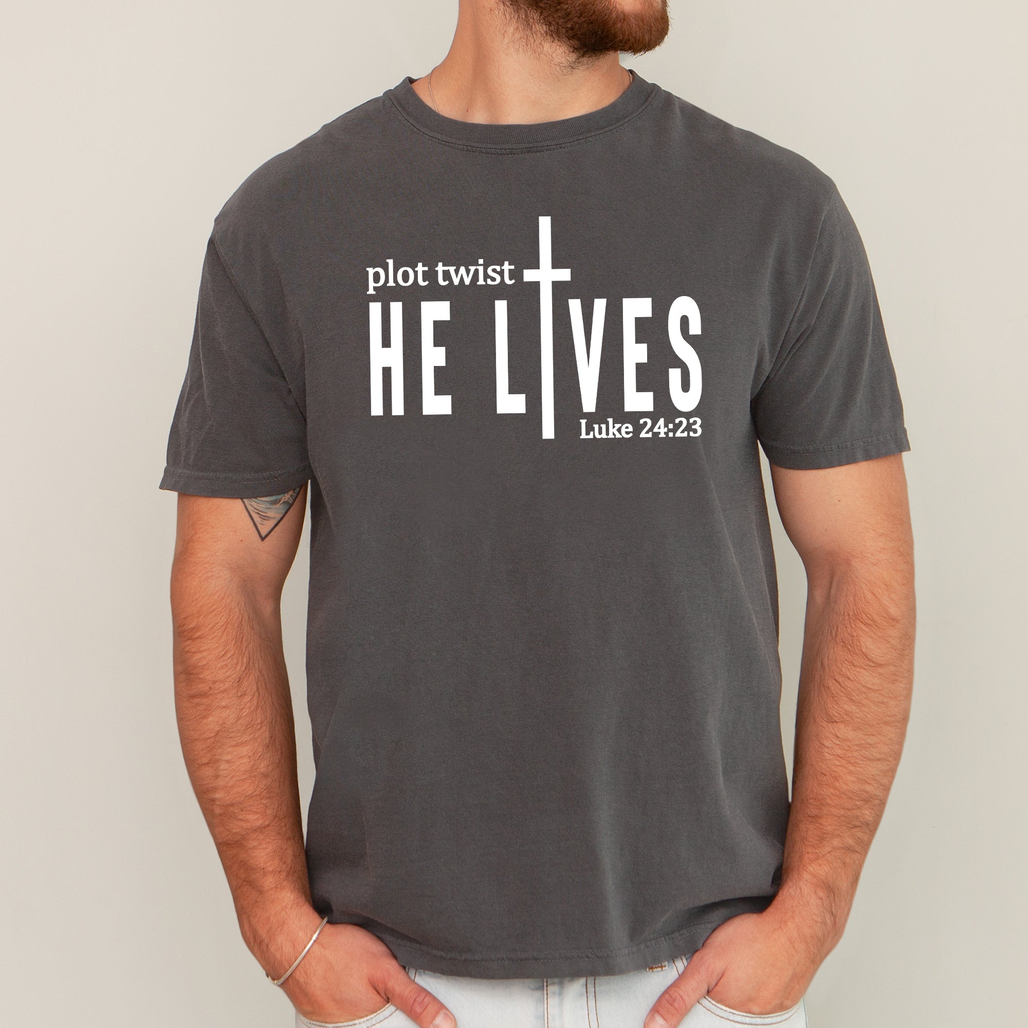 Plot Twist He Lives Christian Jesus Gospel Faith Saved Inspirational Message Comfort Colors Tee