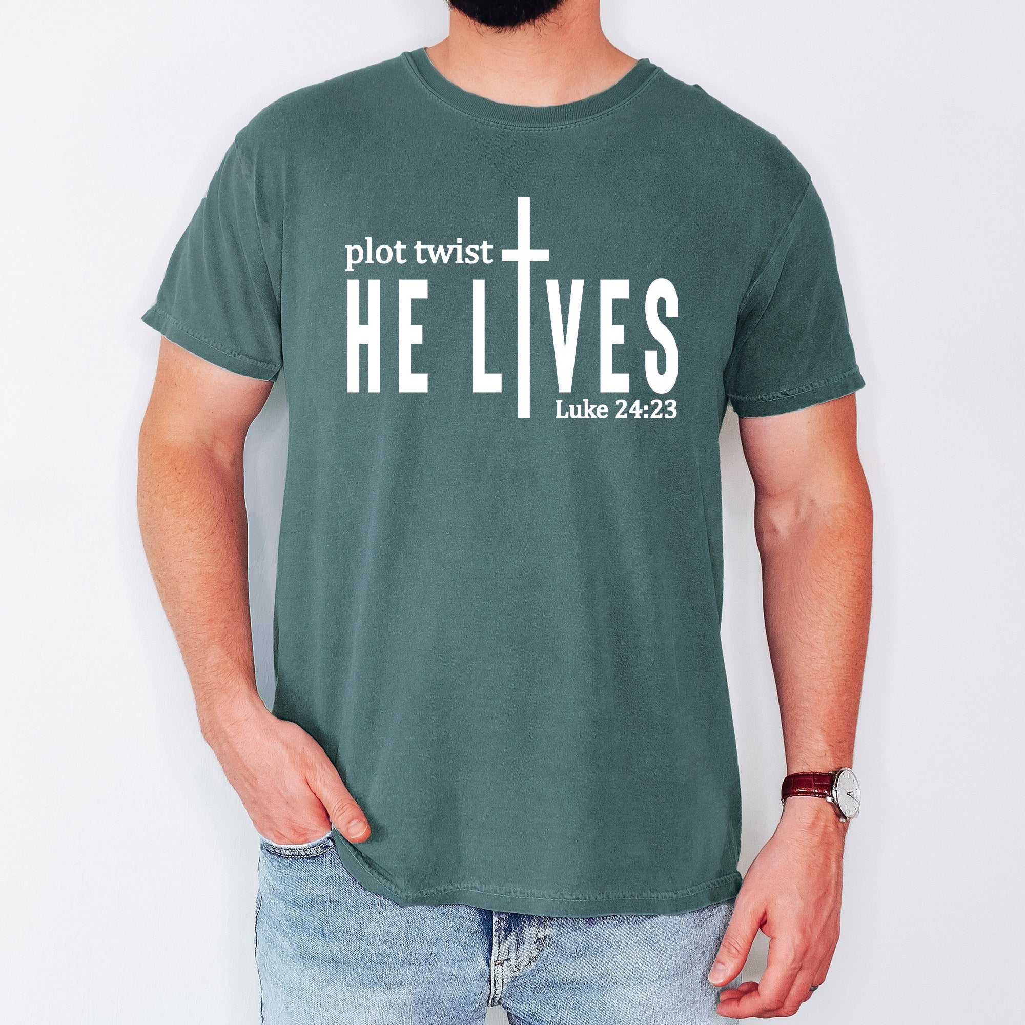 Plot Twist He Lives Christian Jesus Gospel Faith Saved Inspirational Message Comfort Colors Tee
