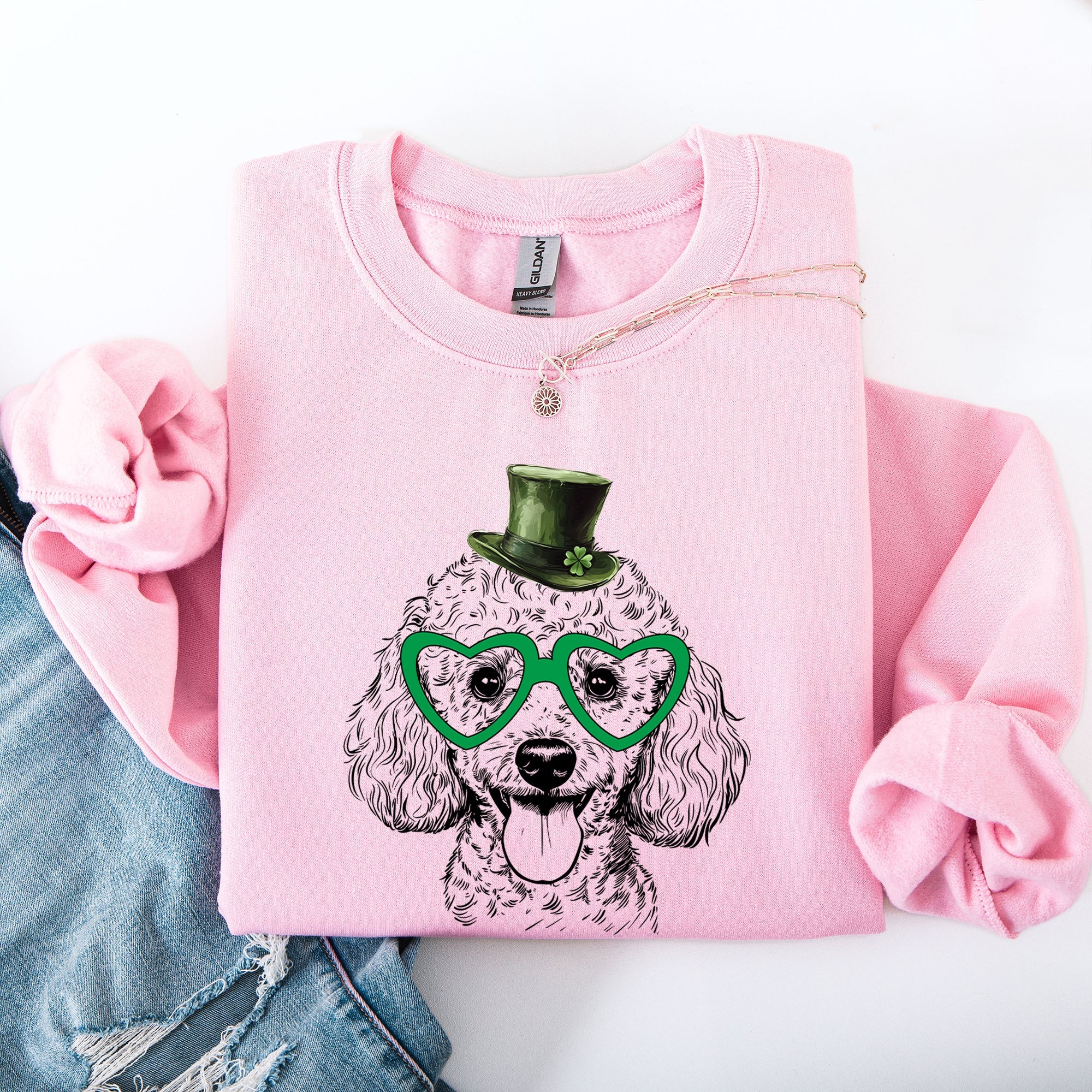 Poodle Adorable Dog St Patrick's Day Lucky Irish Whimsical Shamrock Print Sweatshirt