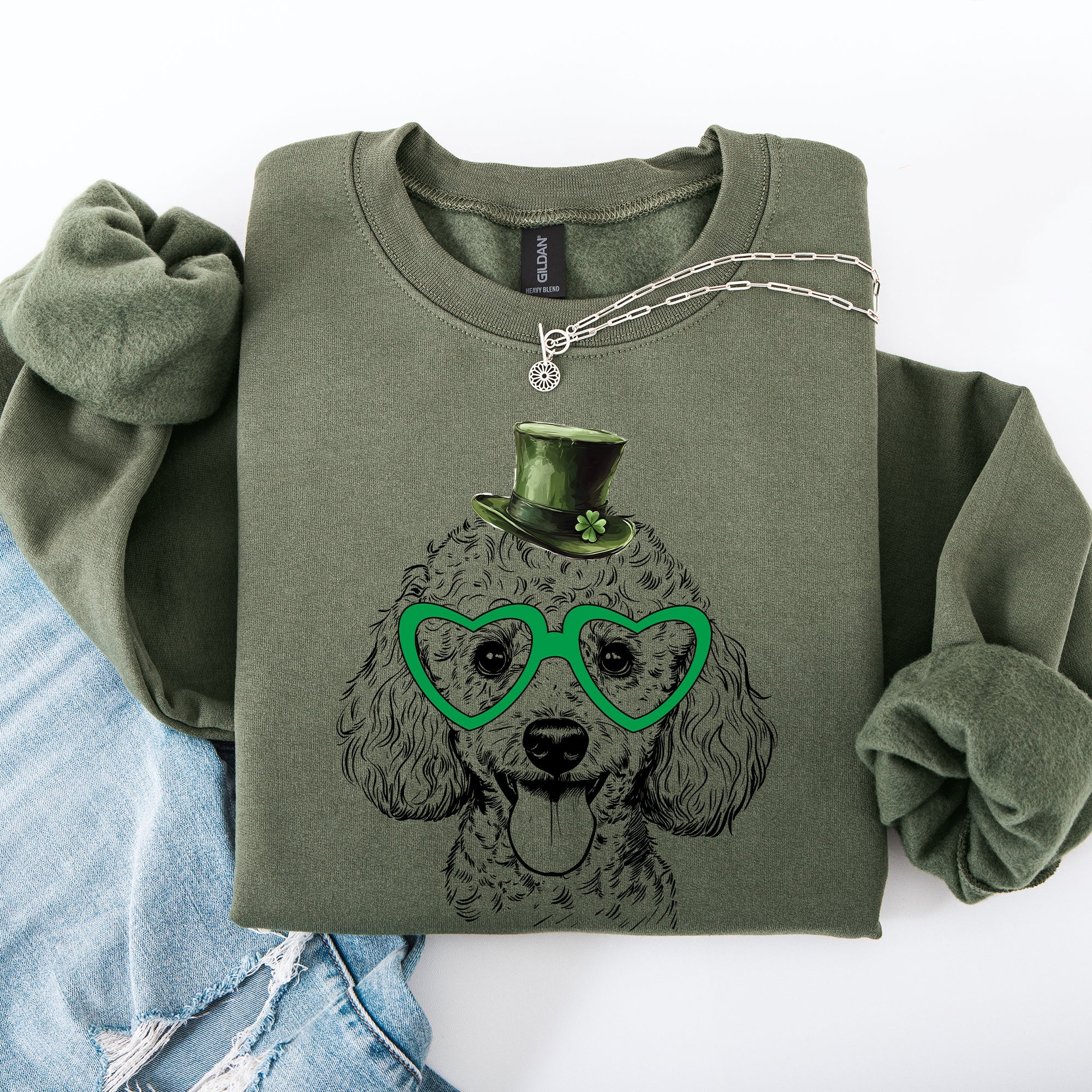 Poodle Adorable Dog St Patrick's Day Lucky Irish Whimsical Shamrock Print Sweatshirt